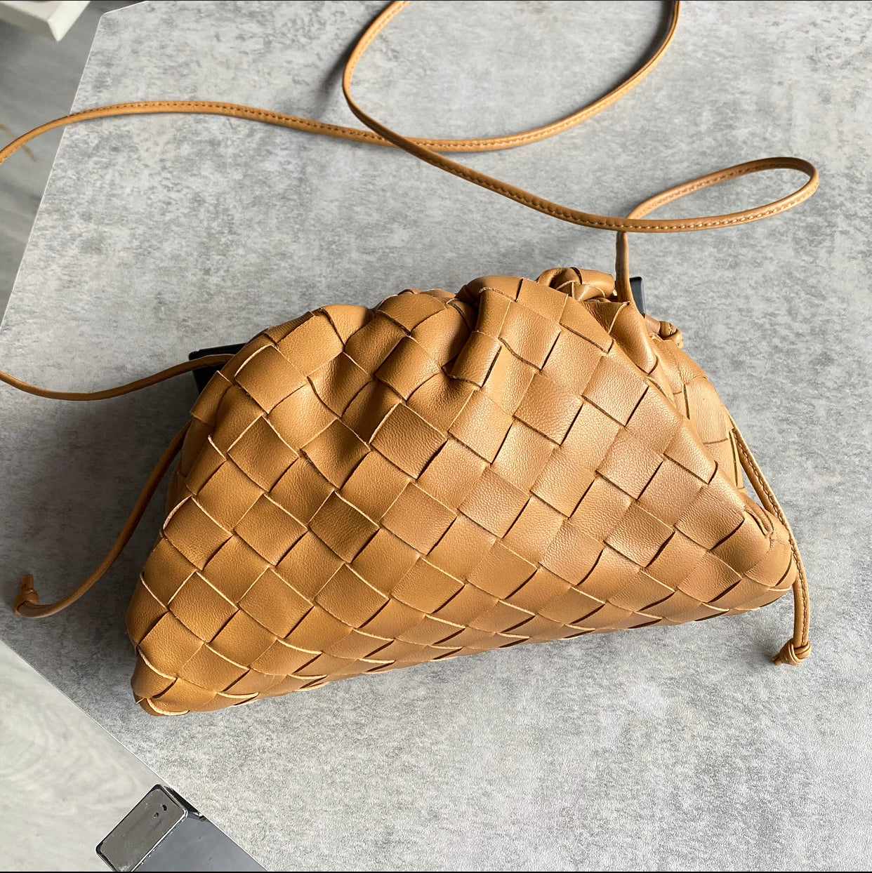 Bottega Veneta Mini Pouch Crossbody Bag - Genuine Caramel Intrecciato Leather - Perfect for Everyday Use, Date Night & Travel Accessories