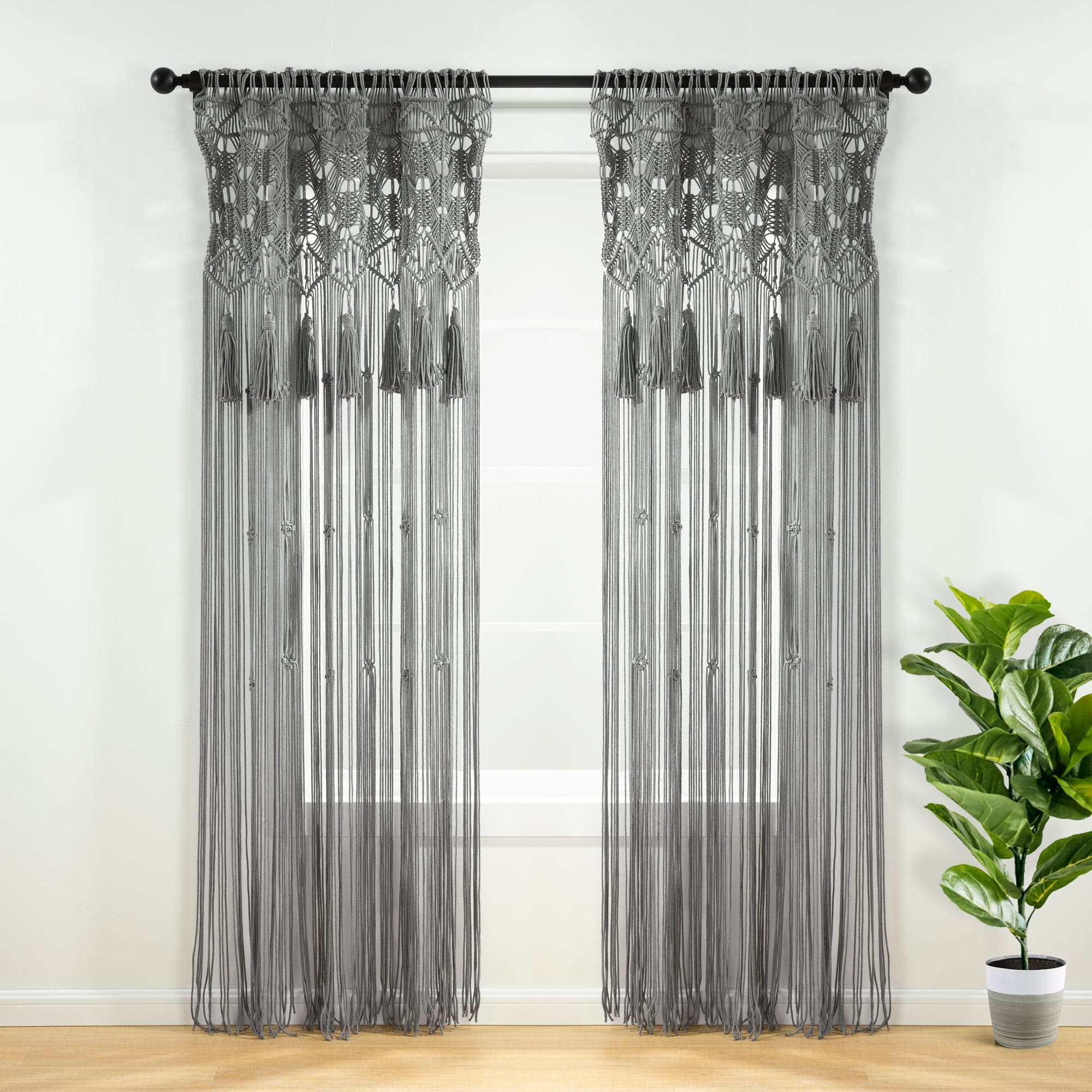 Boho Macrame Tassel Cotton Window Curtains for Living Room, Bedroom - Handmade Bohemian Sheer Drapes with Tassel Trim - Perfect for Home Decor, Nursery & Cozy Spaces