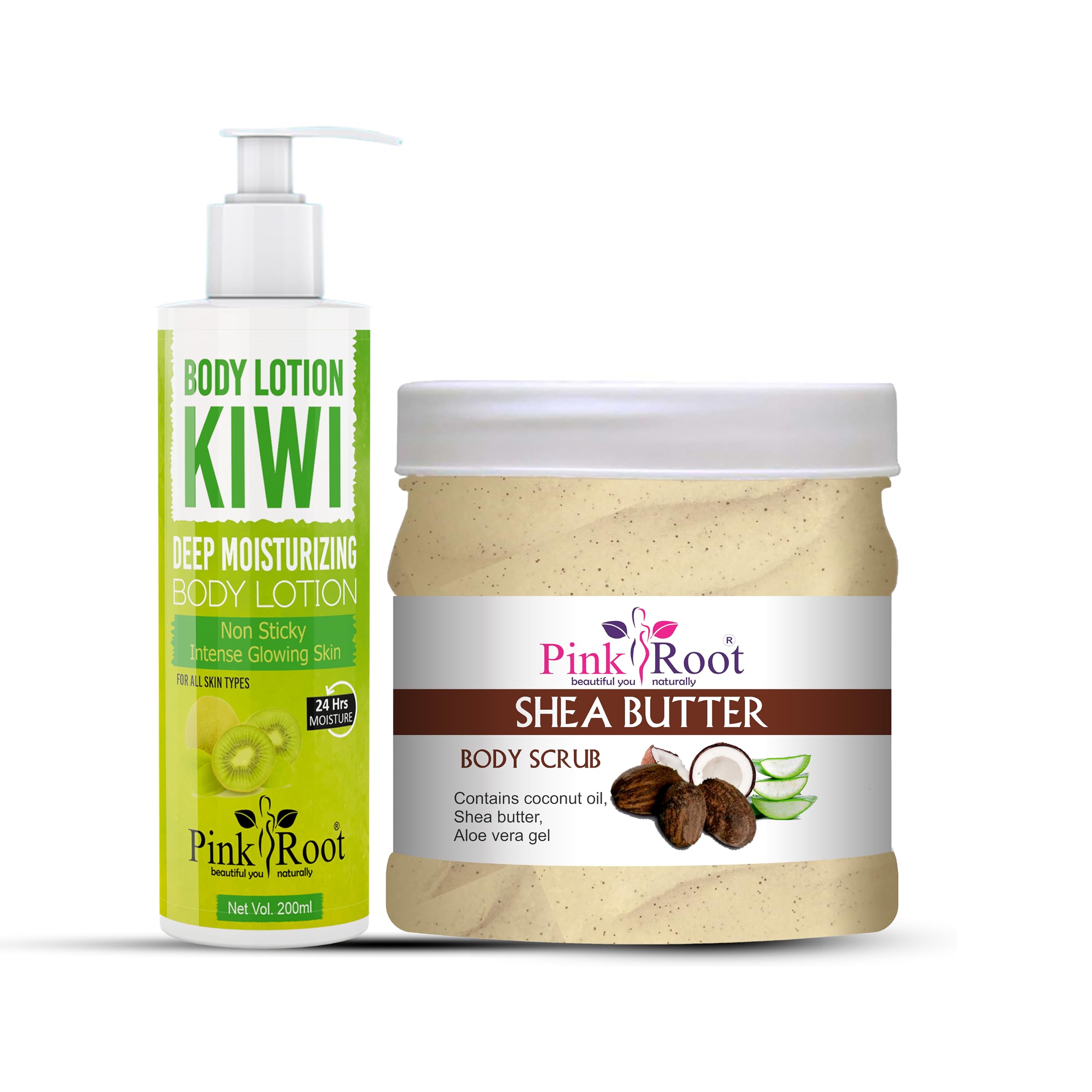 Natural Pink Root Shea Butter Body Scrub 500ml & Kiwi Extract Moisturizing Lotion 200ml Set - Exfoliating & Hydrating Skincare for Dry Skin - Perfect for Shower, Spa & Self-Care Routine