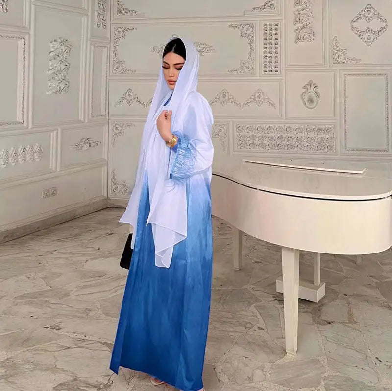 2 Piece Set Color Gradient Satin Open Abaya Dress with Inner Sleeveless Dress - Elegant Muslim Women's Prayer Dress for Eid, Ramadan & Special Occasions