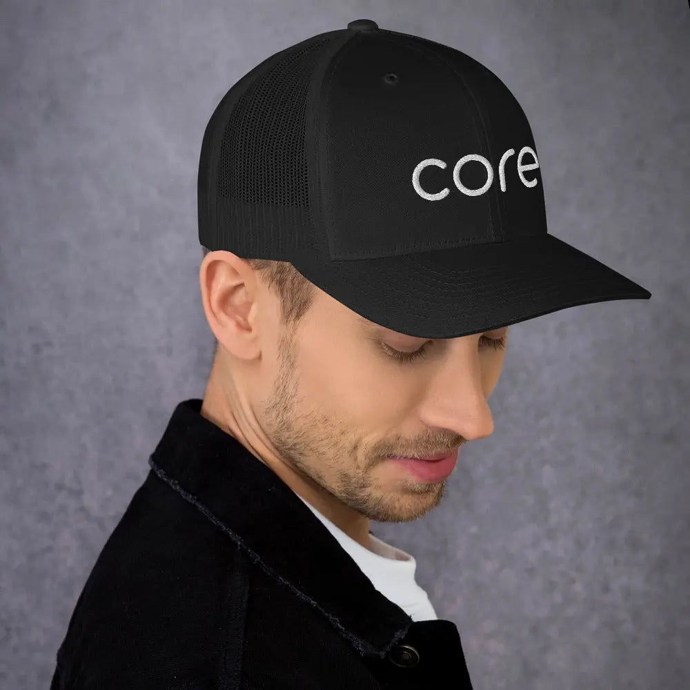 CORE Swimcore Trucker Hat - Black Performance Mesh Snapback for Swimming, Fitness & Outdoor Activities | Breathable & Lightweight Coach Cap for Men & Women