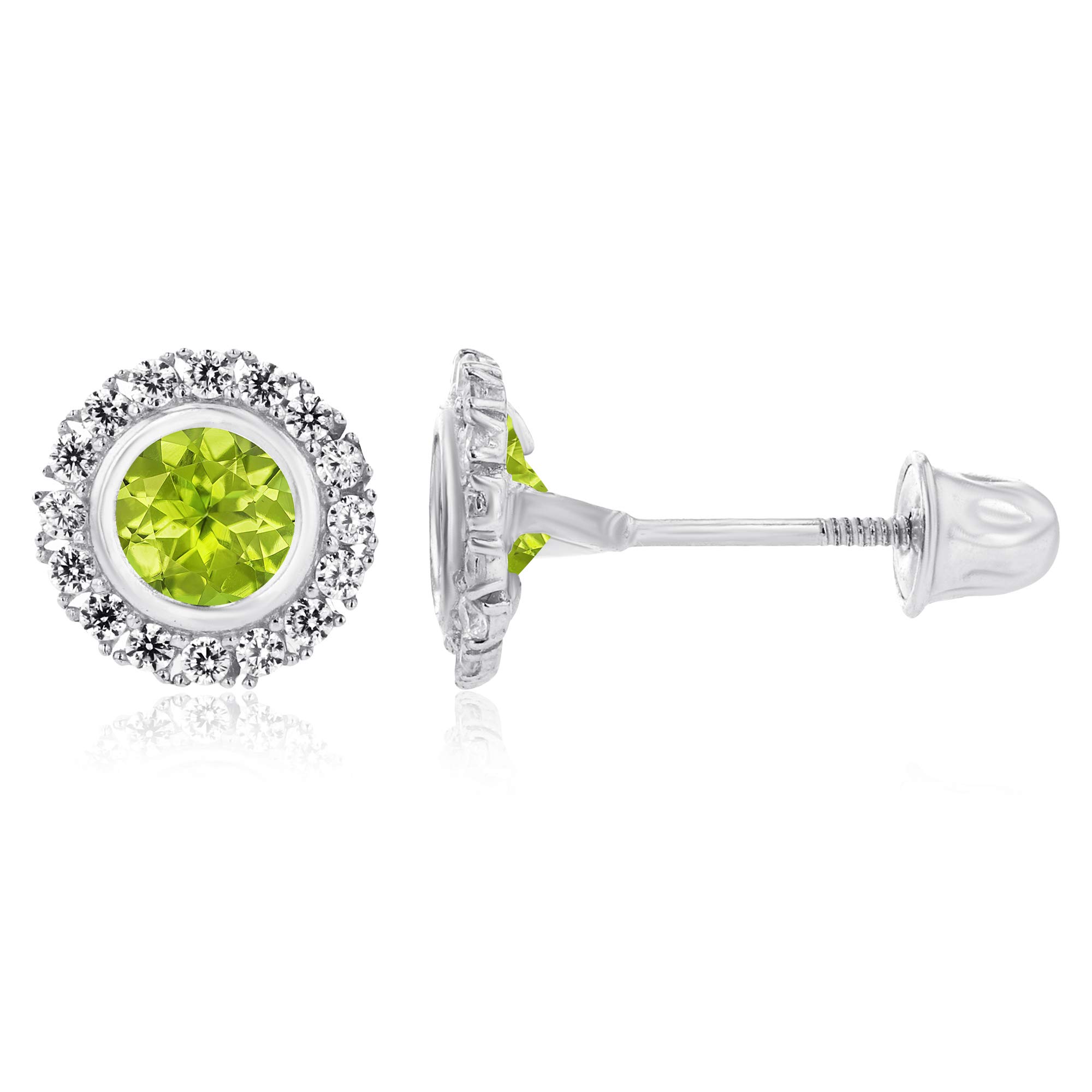 14K Solid Gold 8mm Halo Natural Birthstone Screwback Stud Earrings for Women | 4mm Bezel Birthstone | 1mm Created White Sapphire Halo Earrings | Perfect for Birthdays, Anniversaries & Everyday Elegant Wear