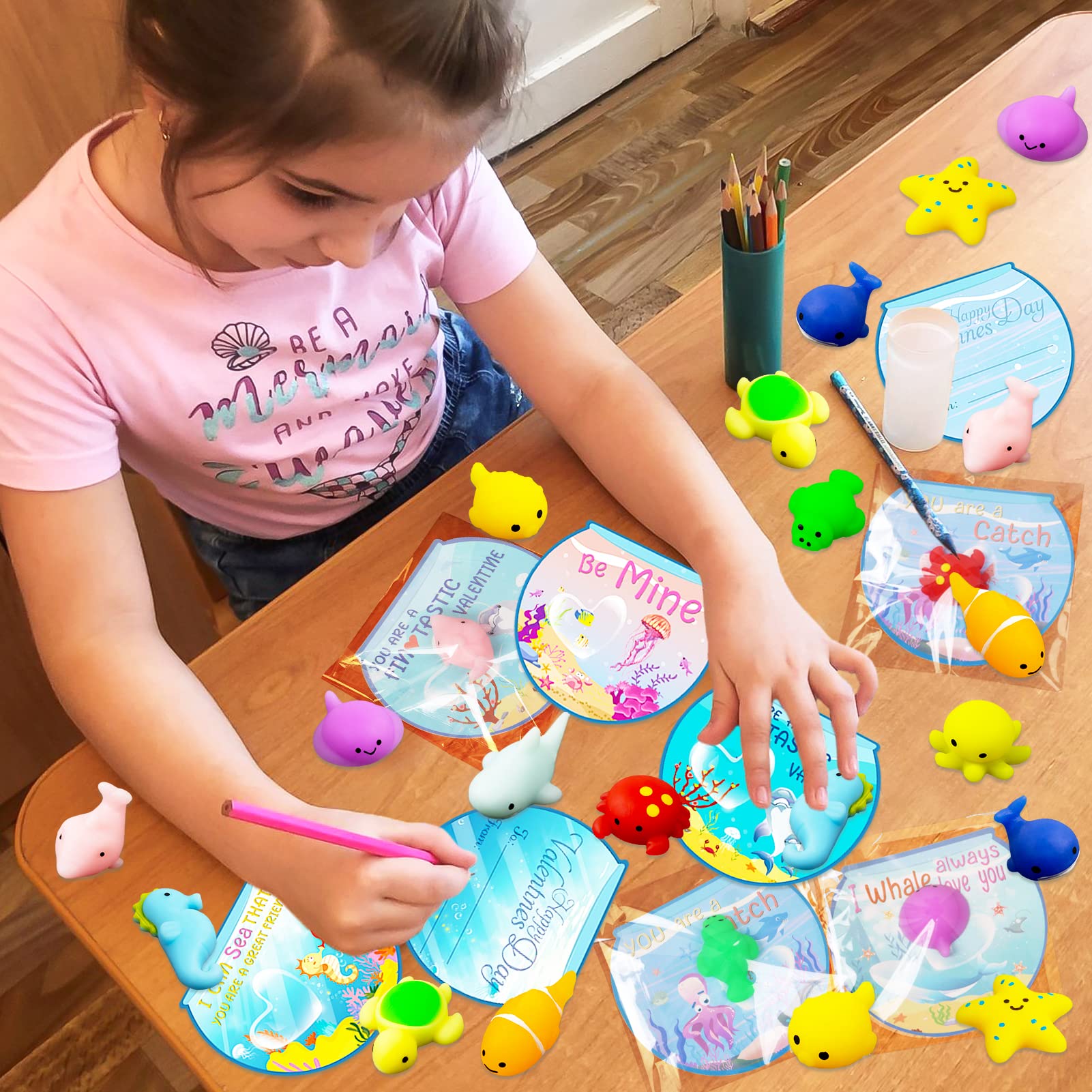 Valentine's Day Cards Gift Set with 36Pcs Sea Animal Mochi Squishy Toys for Kids - Classroom Exchange, Party Favors, School Activities & Toddler Valentine Gifts