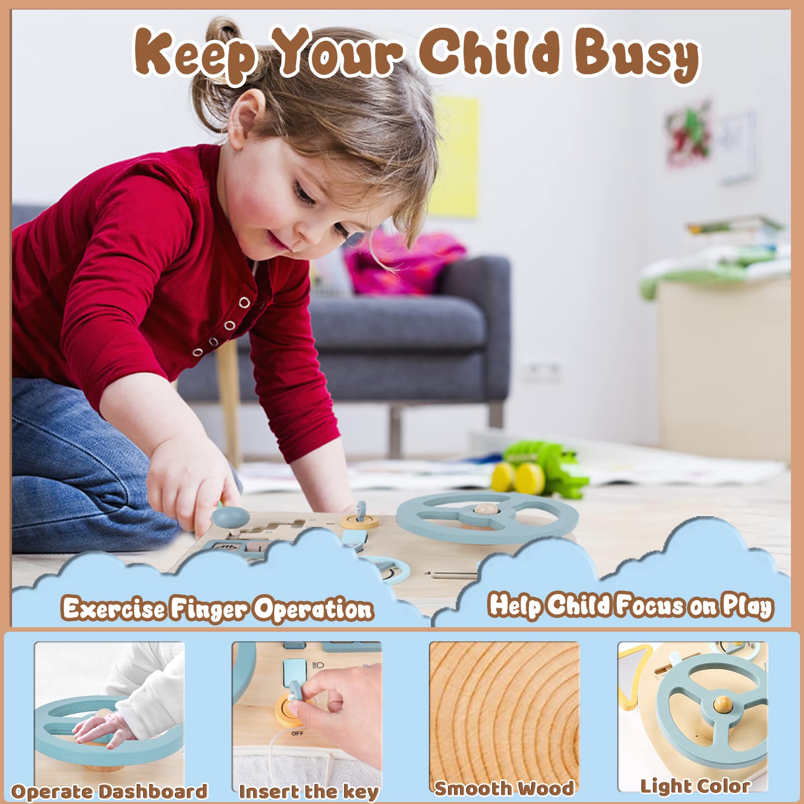 TEUVO Montessori Busy Board Steering Wheel Toy - Wooden Sensory Travel Toy for Toddlers 3-6 Years Old | Fine Motor Skills Learning Toy | Perfect Gift for Preschool Kids | Great for Car Rides, Airplane Travel & Montessori Classroom Activities
