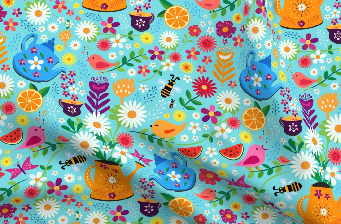 Spring Garden Tea Party Floral Birds Scandi Picnic Printed Chiffon Fabric Fat Quarter - Premium Spoonflower Fabric for Sewing Dresses, Fashion Apparel & Home Decor - Perfect for DIY Projects, Quilting, and Tablecloth Designs
