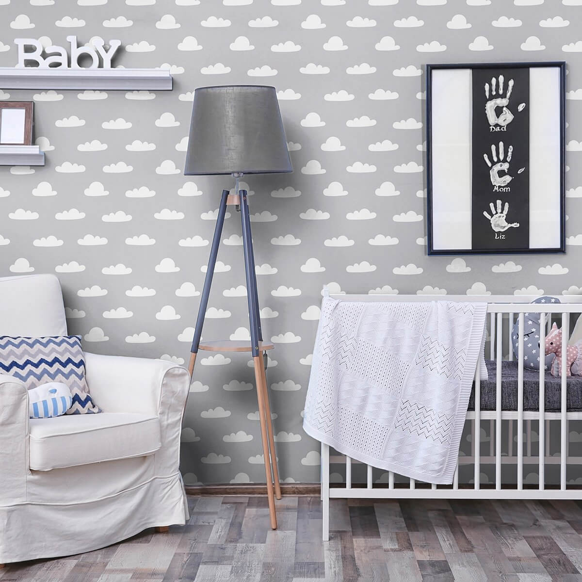 White and Silver Clouds Baby Peel & Stick Removable Wallpaper - Self-Adhesive Nursery Decor for Girls & Boys Rooms - Easy to Install & Remove