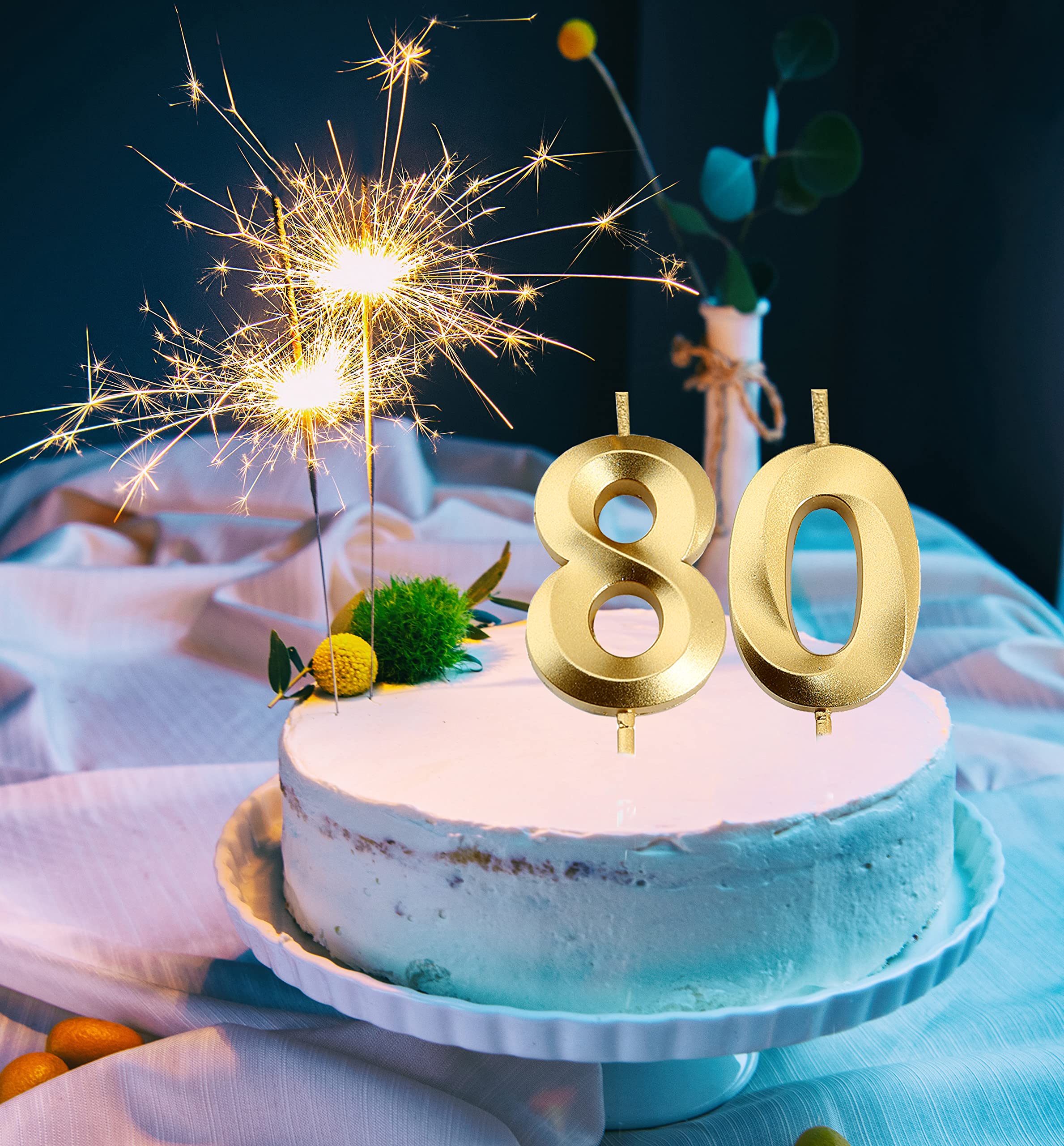 Gold Number 80 Cake Topper Candles - 80th Birthday Party Decorations for Women & Men - Perfect for Milestone Celebrations, Anniversary Cakes, and Retirement Parties