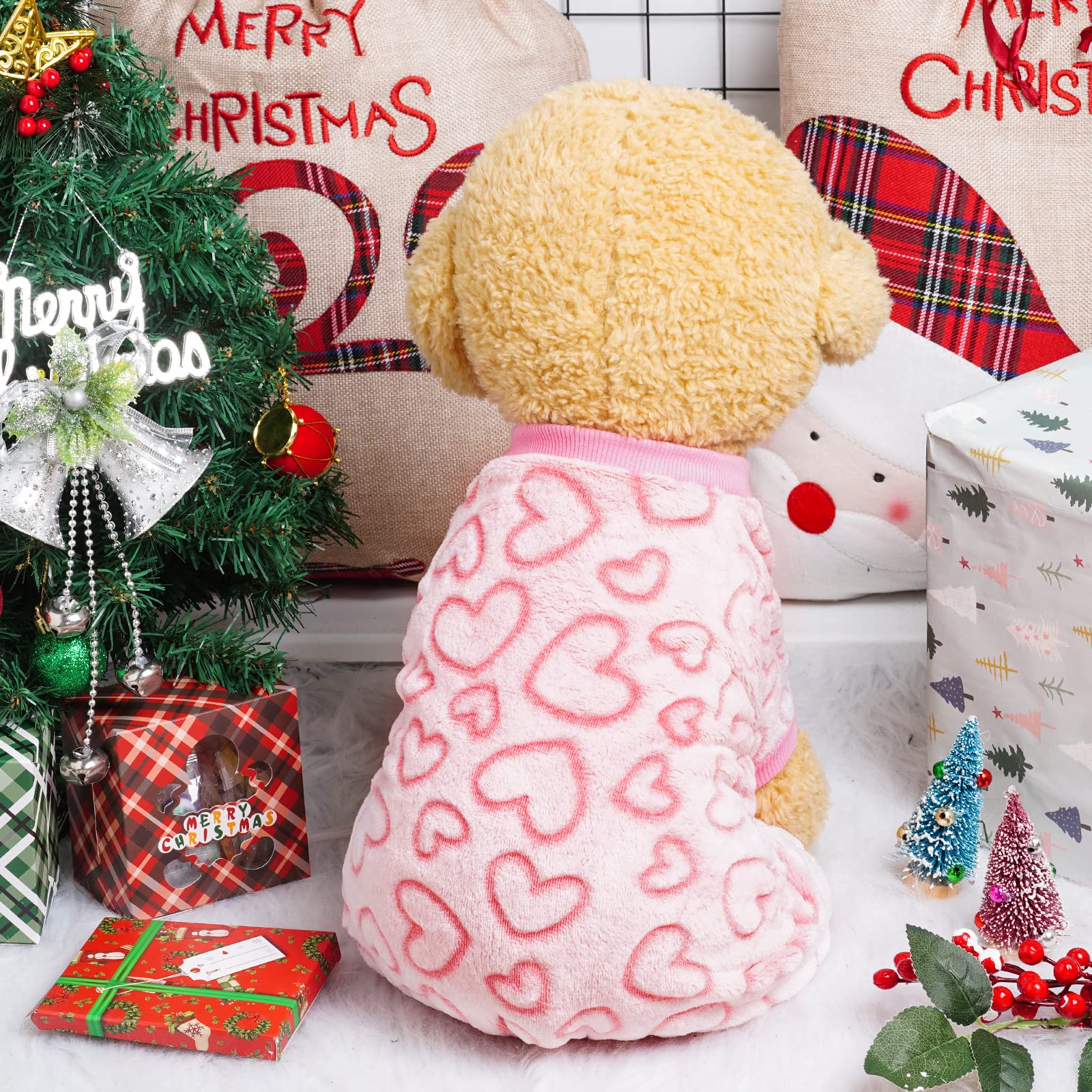 DXHYCC Fleece Dog Pajamas - Cute Heart Print Puppy Jumpsuit, Warm & Soft Pet Clothes for Small to Medium Dogs & Cats - Perfect for Winter Nights & Holiday Outfits (Pink, Size S)