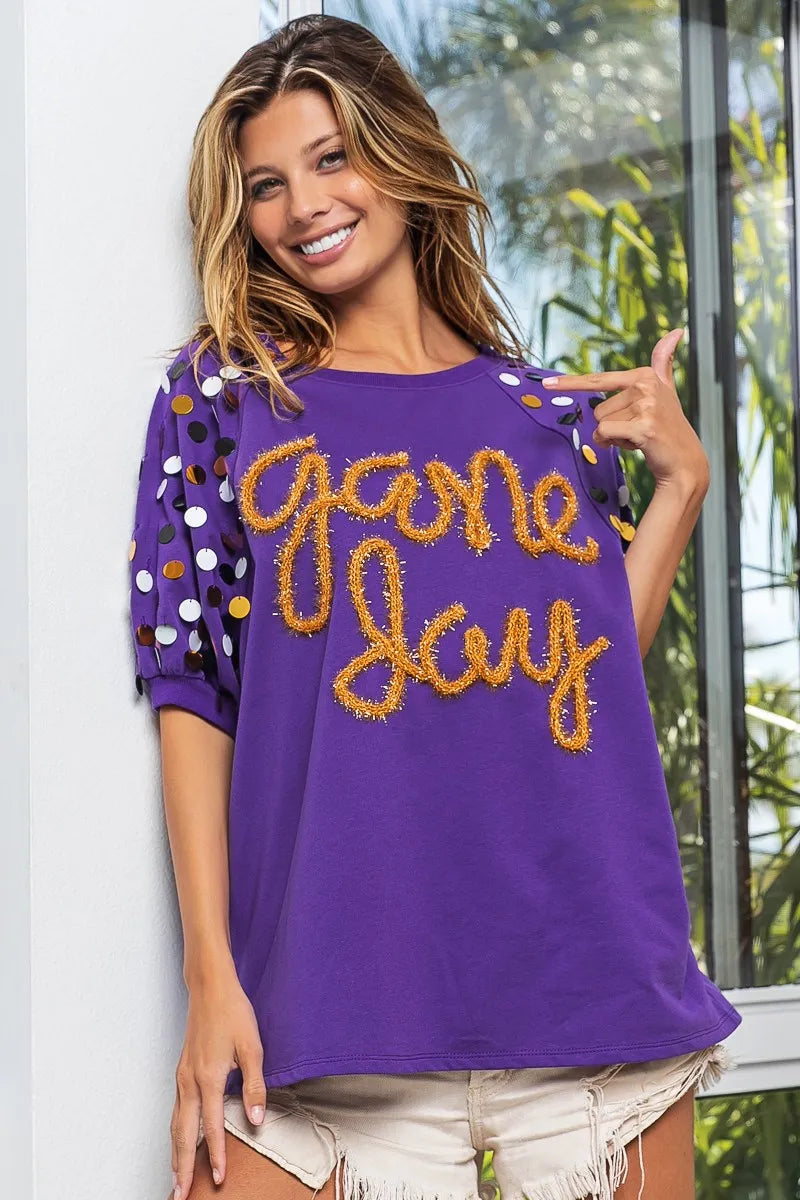 BiBi Game Day Metallic Letter Spangle Sleeve Top - Stylish Women's Party Blouse for Football Games, Concerts & Night Out