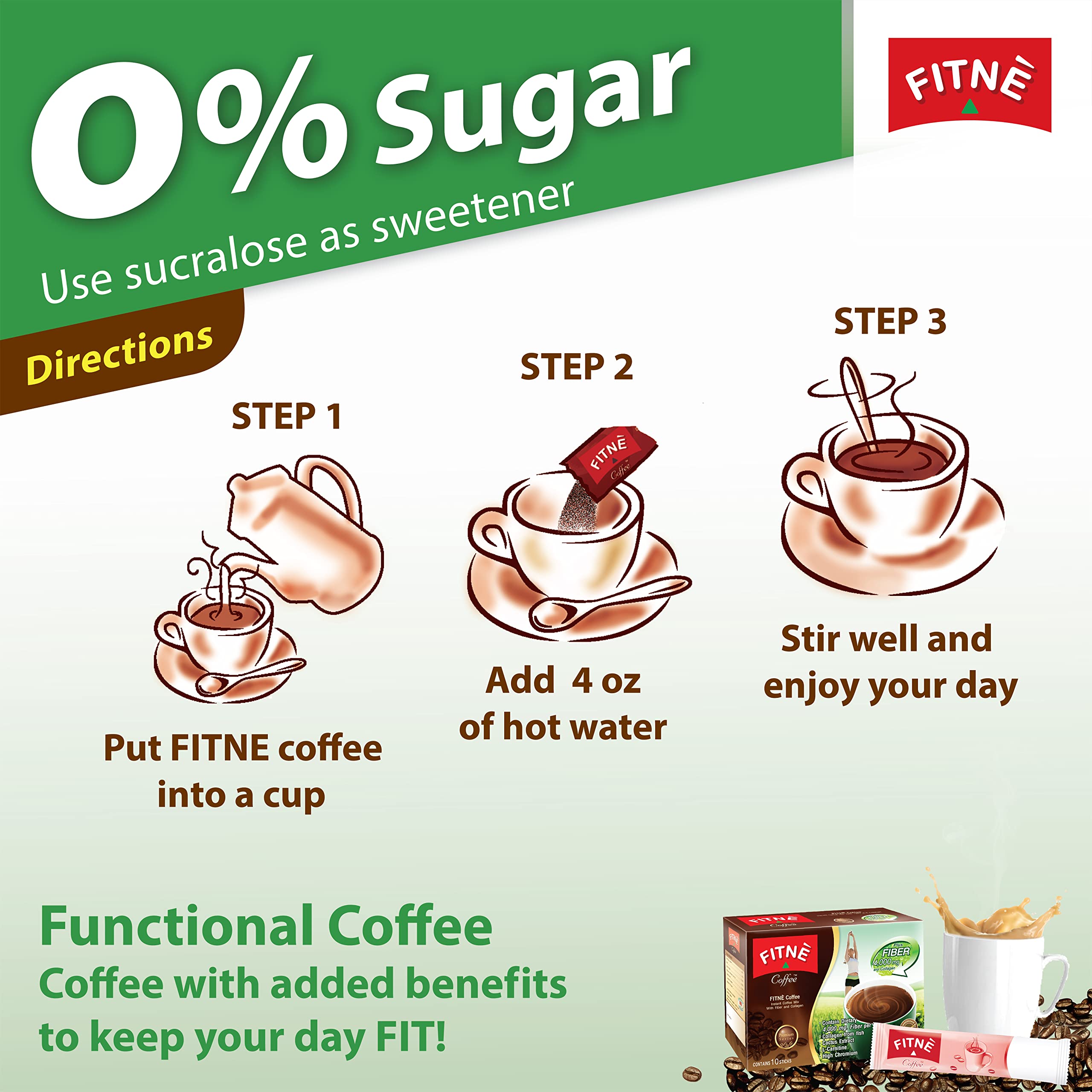 FITNE Premium Instant Coffee Packets with 4,000mg Fiber, Collagen, Cactus Extract & L-Carnitine - Sugar-Free, Chromium-Rich, Sucralose Sweetener (10 Sticks) - Perfect for Weight Management & Energy Boost at Home or Office
