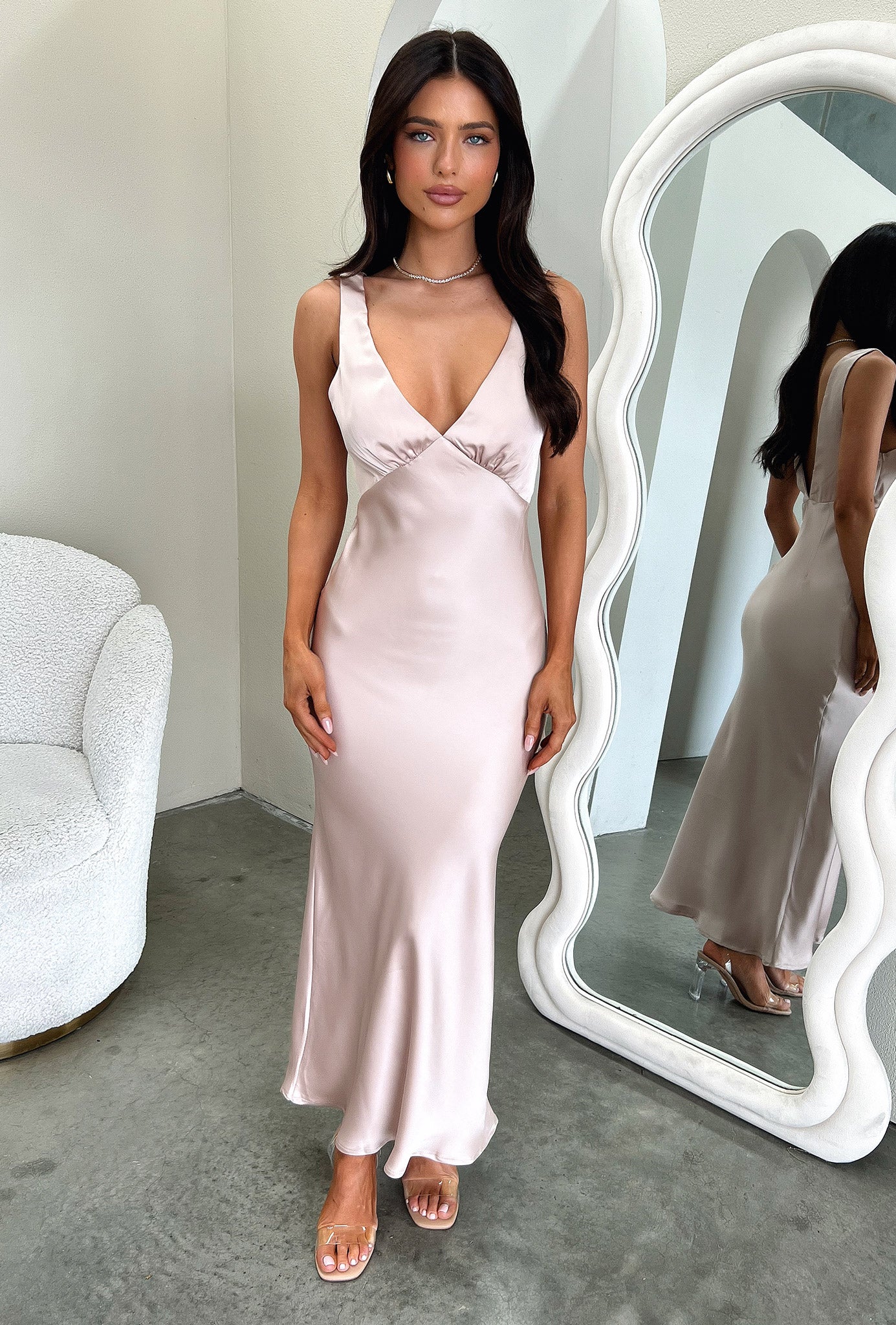 Delayne V Neck Satin Midi Dress in Champagne | Elegant Evening Gown for Cocktail Parties, Weddings & Formal Events