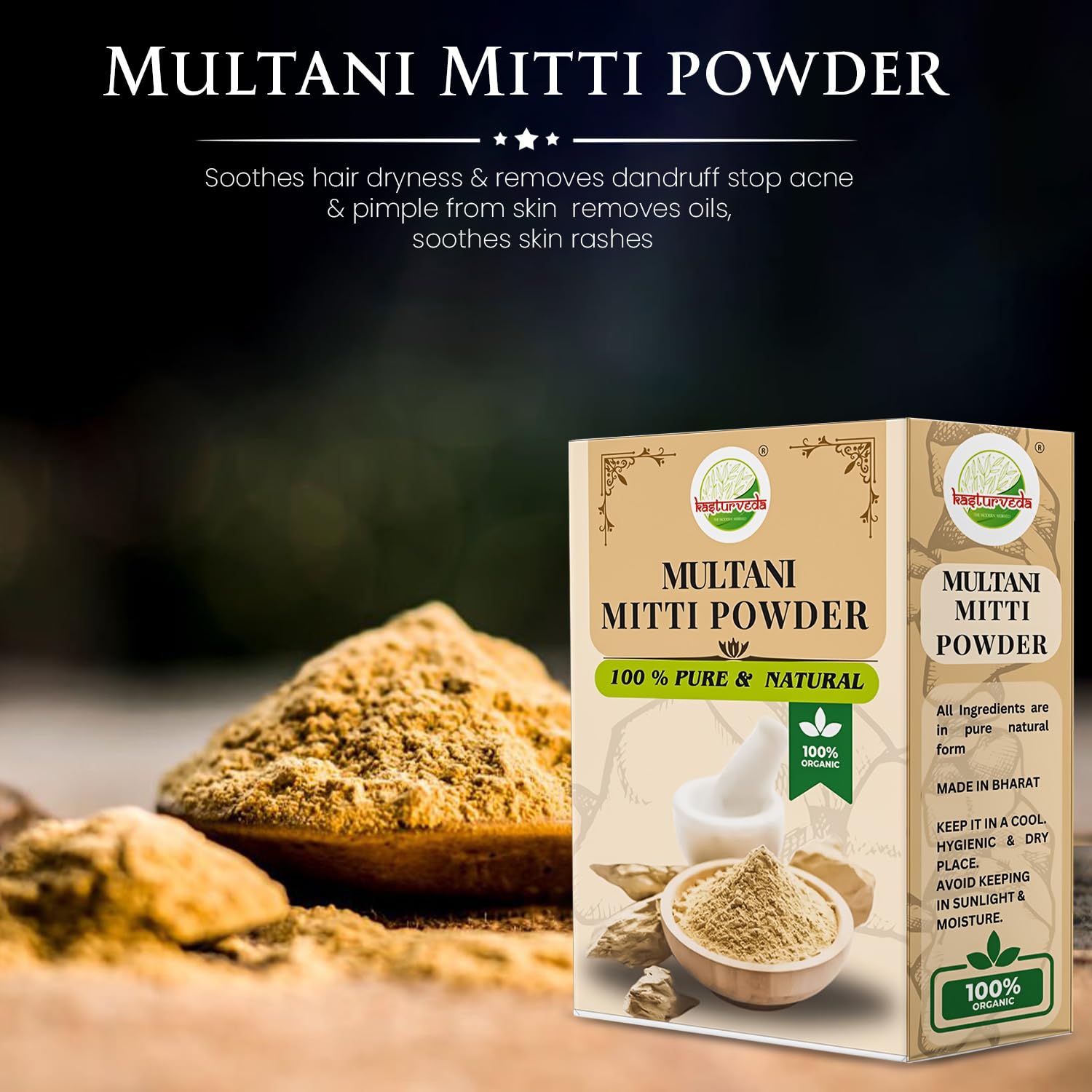 Kasturveda Natural Multani Mitti Powder - 350g Pure Bentonite Clay for Face & Skin | Deep Cleansing, Oil Control & Glow | Indian Healing Clay & Fuller's Earth | Perfect for Acne Treatment, Blackhead Removal & DIY Face Masks