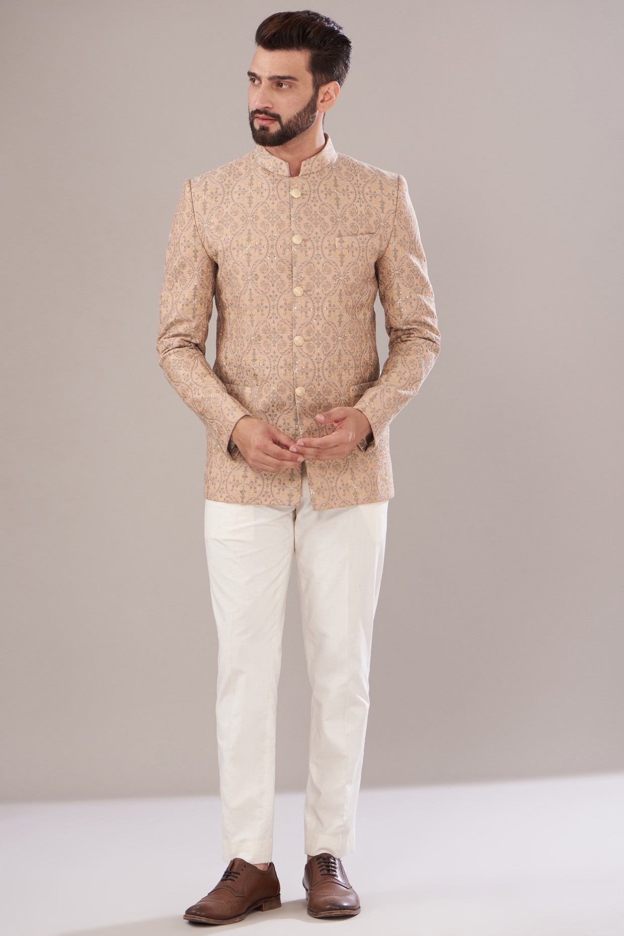 Elegant Mud Peach Chanderi Embroidered Bandhgala Jacket for Men | Traditional Indian Formal Wear | Perfect for Weddings, Parties & Special Occasions