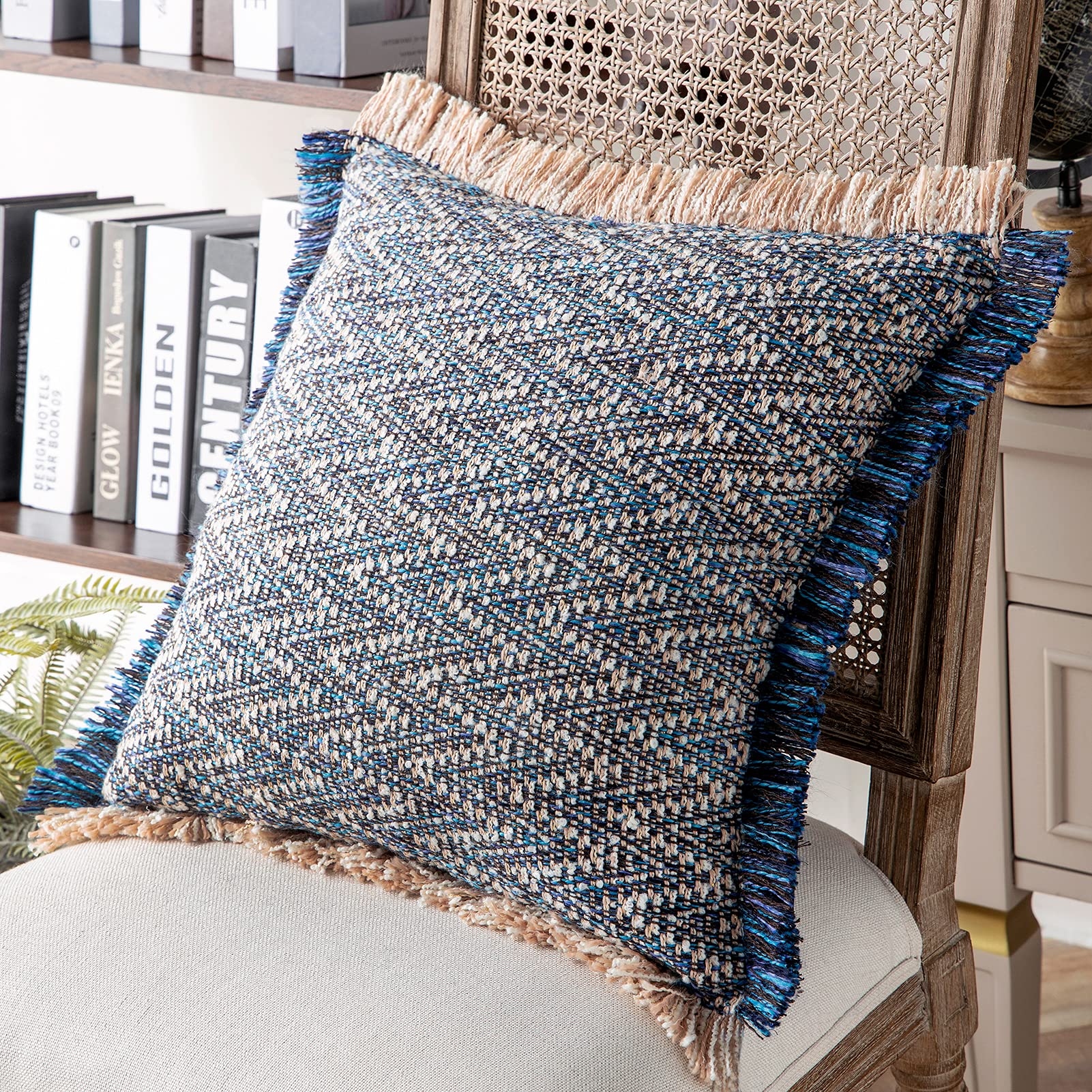 Bohemian Decorative Throw Pillow Cover with Insert - 20x20 Inch Handwoven Textured Square Cushion with Fringe Trim, Dark Blue Farmhouse Style Pillow for Sofa, Bed & Home Decor
