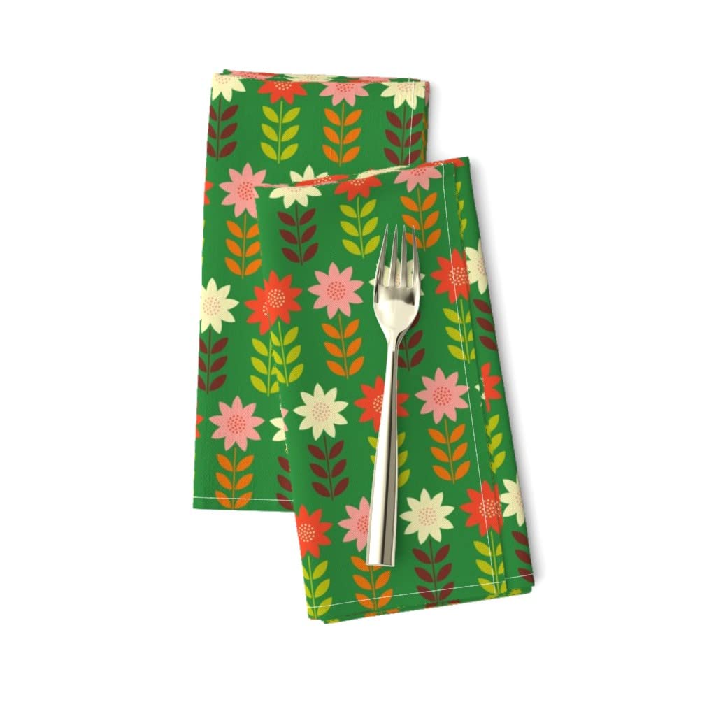 Vintage Christmas Floral Cotton Sateen Dinner Napkins Set of 2 - Retro Folk Art Holiday Table Linens for Christmas Dinner, Party Decor & Festive Table Setting