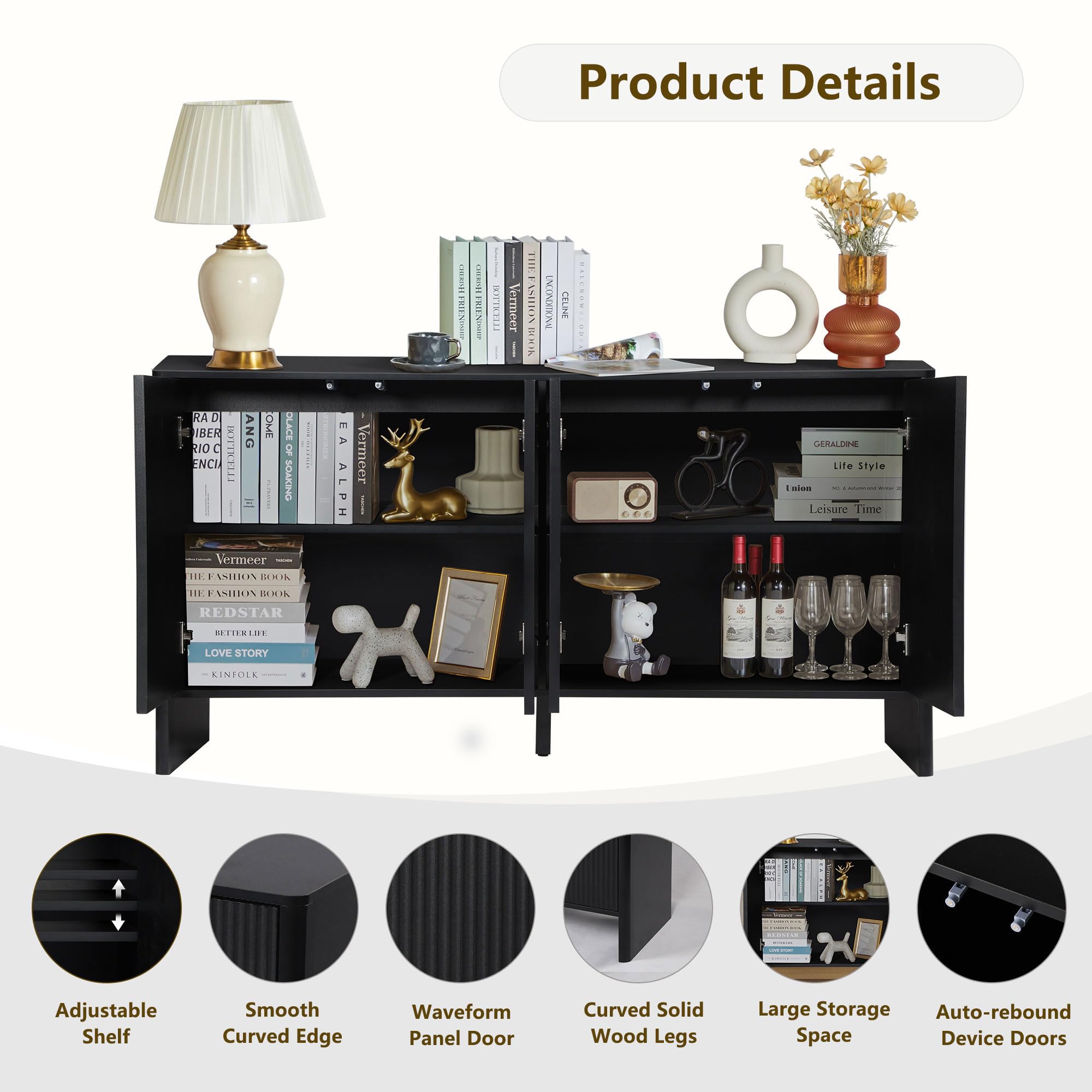 Modern Sideboard Buffet Cabinet with 4 Fluted Doors & Adjustable Shelves - Wood Credenza Storage Console for Kitchen, Dining Room, Living Room & Entryway - Stylish Home Organization Solution (Black)