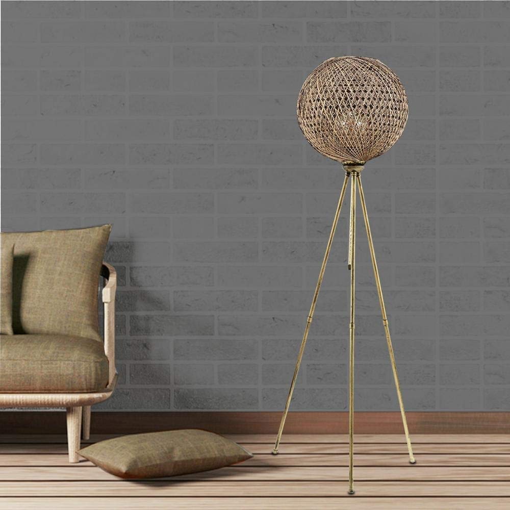 Modern Gold Metal Floor Lamp with Jute Rope Shade - Adjustable Standing Light for Living Room, Bedroom, or Office Decor