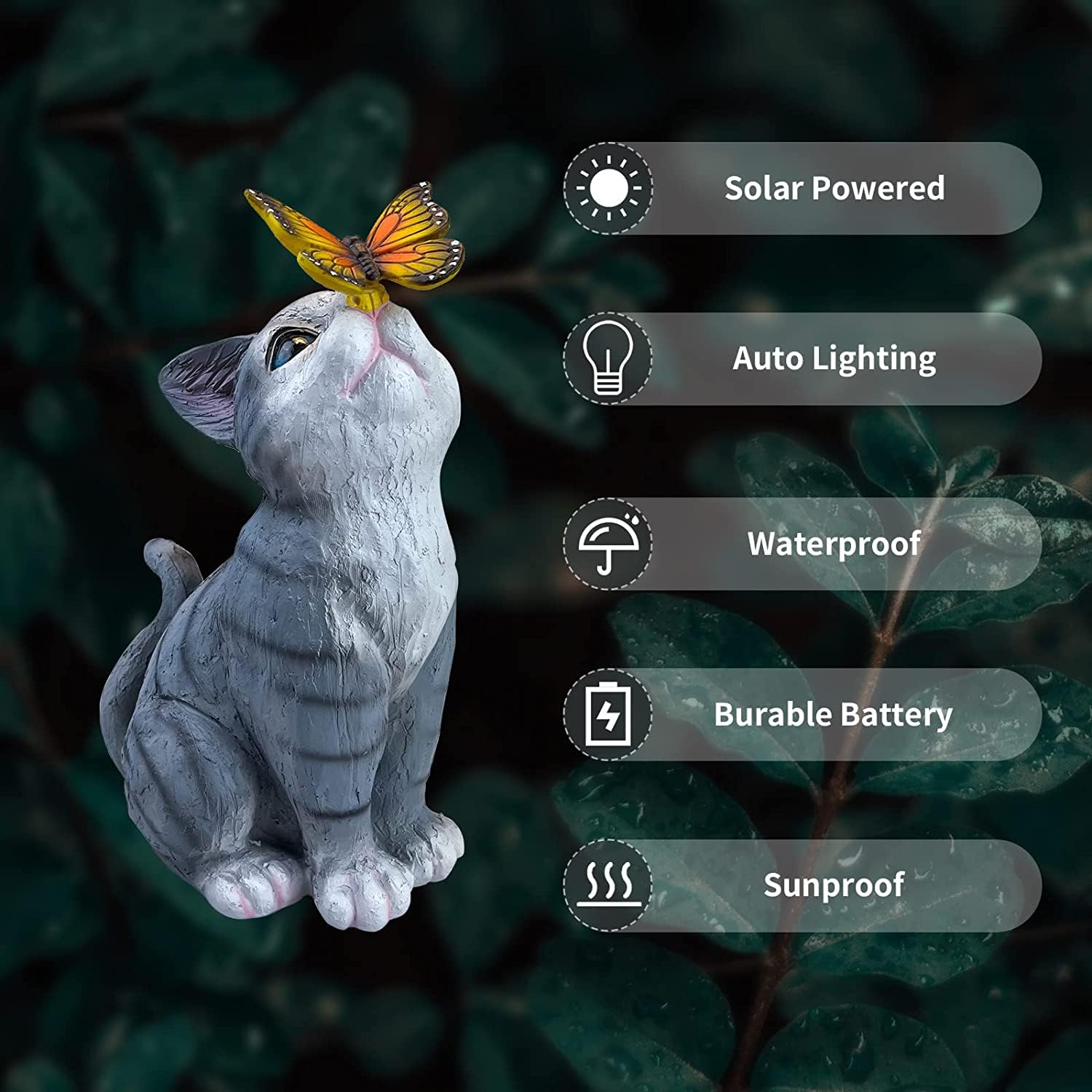 Solar Cat Garden Statue with LED Lights - Outdoor Decor for Patio, Lawn & Yard - Weatherproof Animal Figurine for Housewarming Gift & Garden Art (Grey) - Perfect for Nighttime Illumination & Landscape Accents