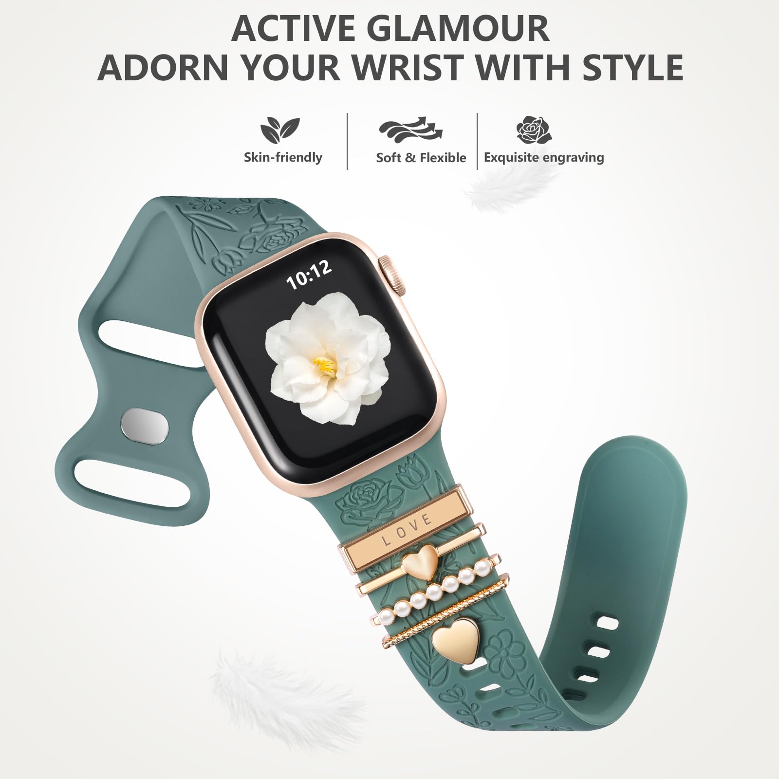 DaQin Floral Engraved Silicone Band Compatible with Apple Watch 38mm 40mm 41mm 42mm 44mm 45mm - Women's Fashion Strap with Charms for iWatch Series SE/1/2/3/4/5/6/7/8/9 - Perfect for Workouts, Office & Everyday Wear