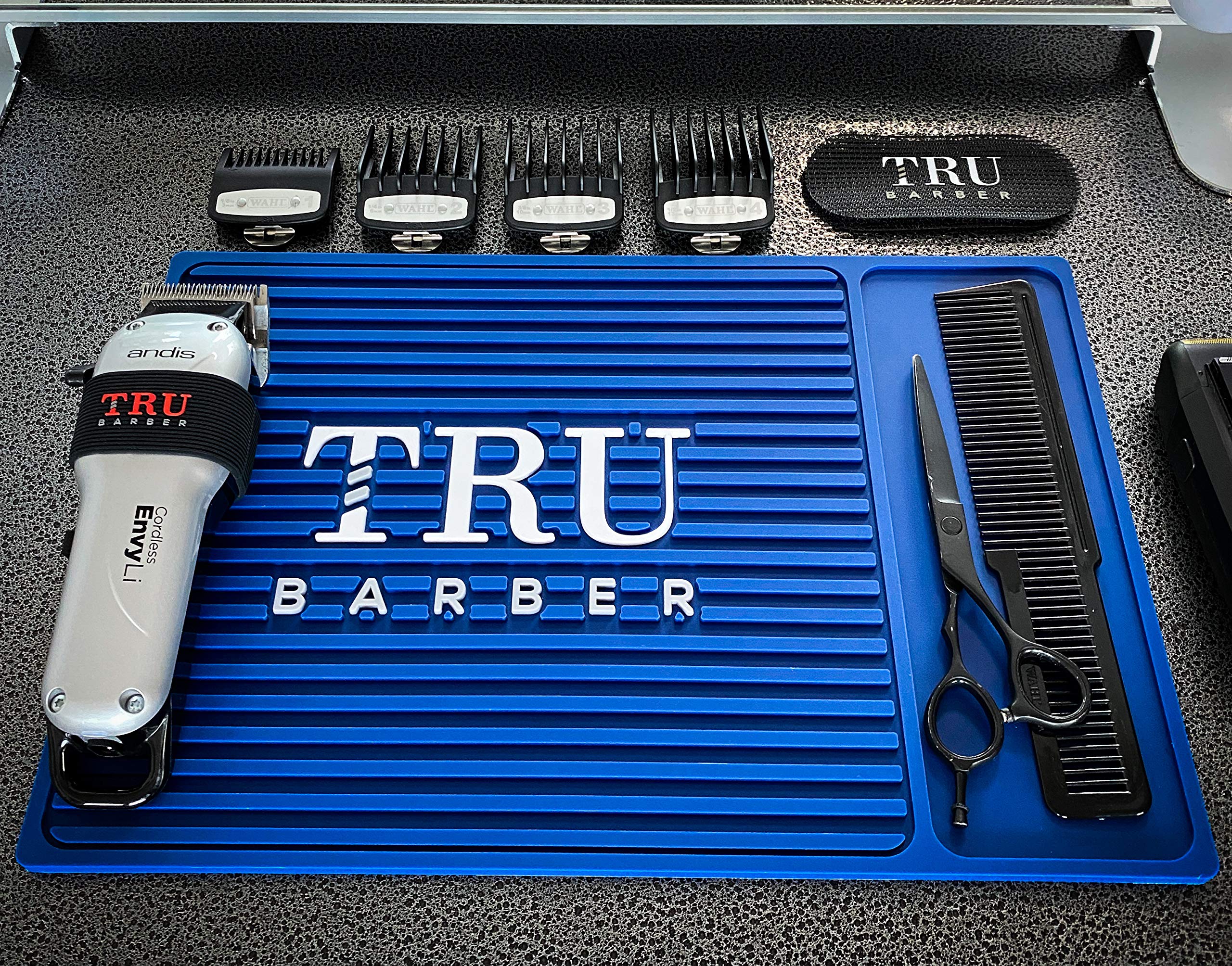 TRU BARBER ORGANIZER MAT 14'X9' (Blue) - Flexible PVC Salon Station Pad, Anti-Slip Barbershop Workstation Mat for Clippers & Tools - Perfect for Hair Cutting, Styling & Grooming Stations