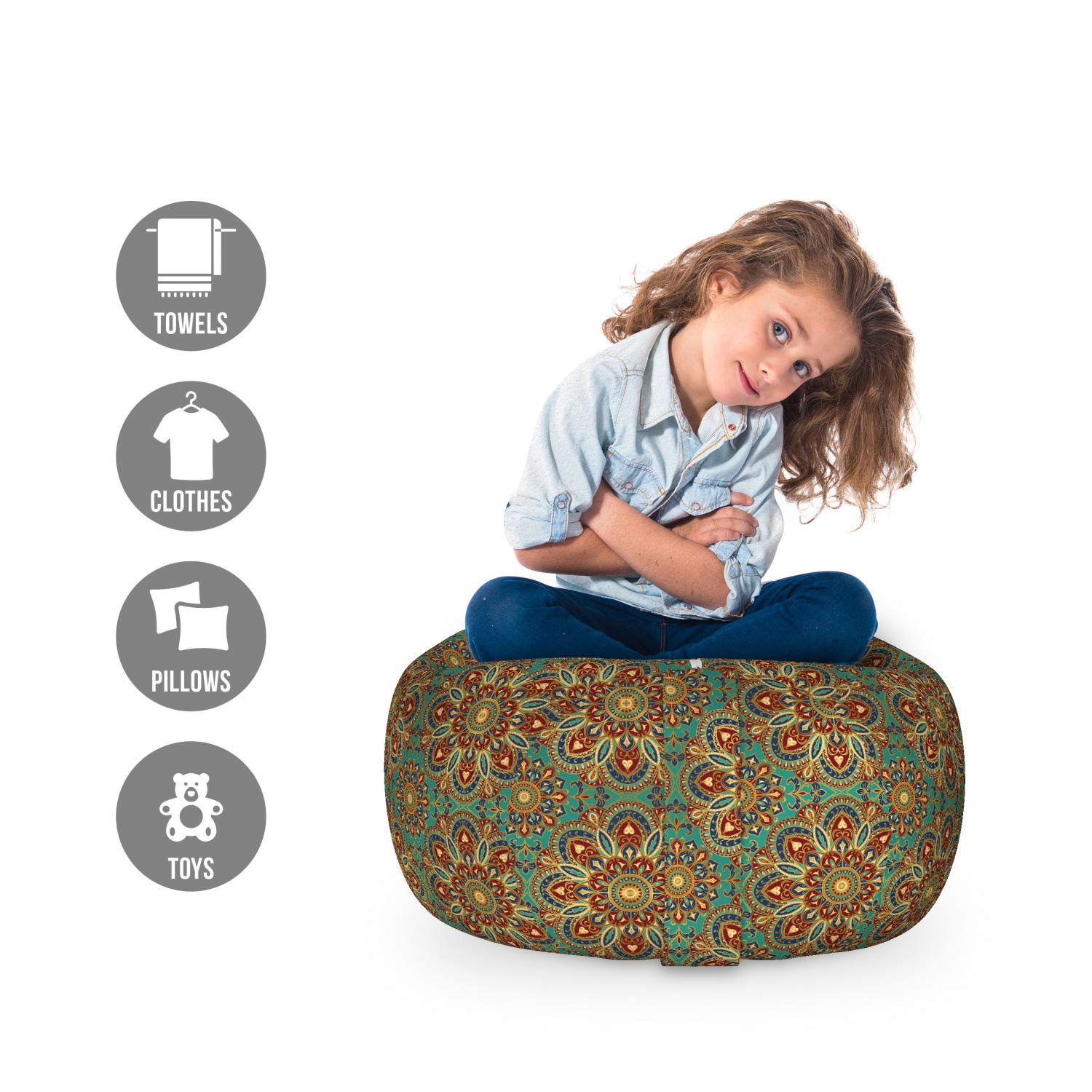 Ambesonne Mandala Storage Toy Bag Chair - Exotic Floral Pattern, Washable Stuffed Animal Organizer, Small Multicolor for Kids' Room & Playroom Organization