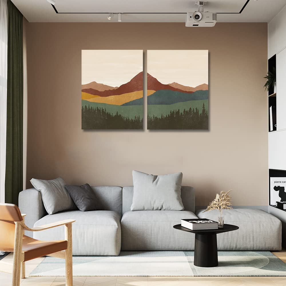 Mid Century Boho Minimalist Canvas Prints - Set of 2 Framed Wall Art (24x36 inch) - Modern Mountain & Abstract Landscape Paintings for Living Room, Bedroom, Dining Room Decor | Perfect for Bohemian Home Styling & Nature-Inspired Interior Design
