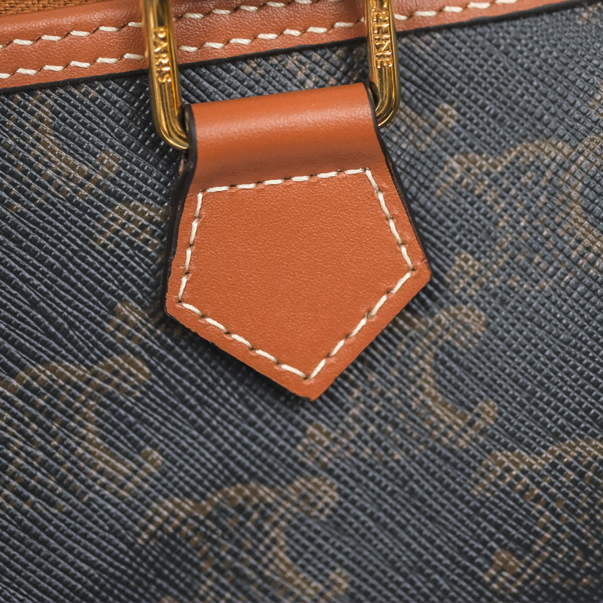 Celine Small Boston Bag Triomphe Canvas Tan Calfskin Leather Crossbody Purse for Women | Luxury Designer Handbag for Work, Travel & Everyday Use