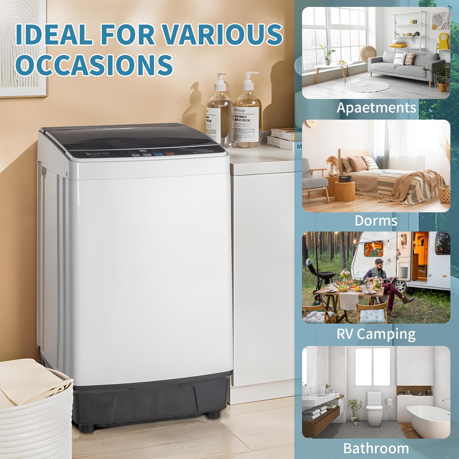 ROVSUN 17.6lbs Full Automatic Portable Washing Machine with Drain Pump - 2 in 1 Compact Washer Dryer Combo, Top Load Laundry for Apartments, Dorms, RVs & Small Spaces - Perfect for Tiny Homes, Camping & Travel Use