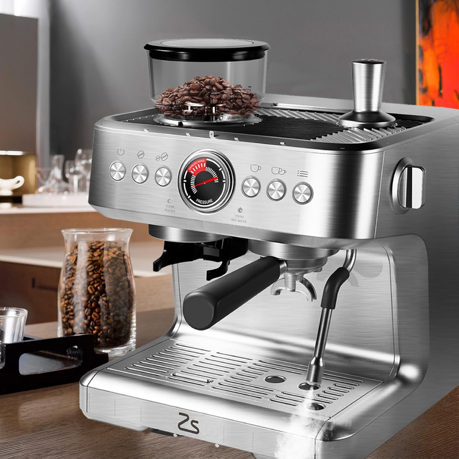 Premium Semi-Automatic Espresso Machine - 20 Bar Pressure Coffee Maker with 30 Grind Settings, Built-in Grinder, Milk Frother & Steam Wand - Removable Water Tank - Perfect for Espresso, Latte & Cappuccino at Home or Office
