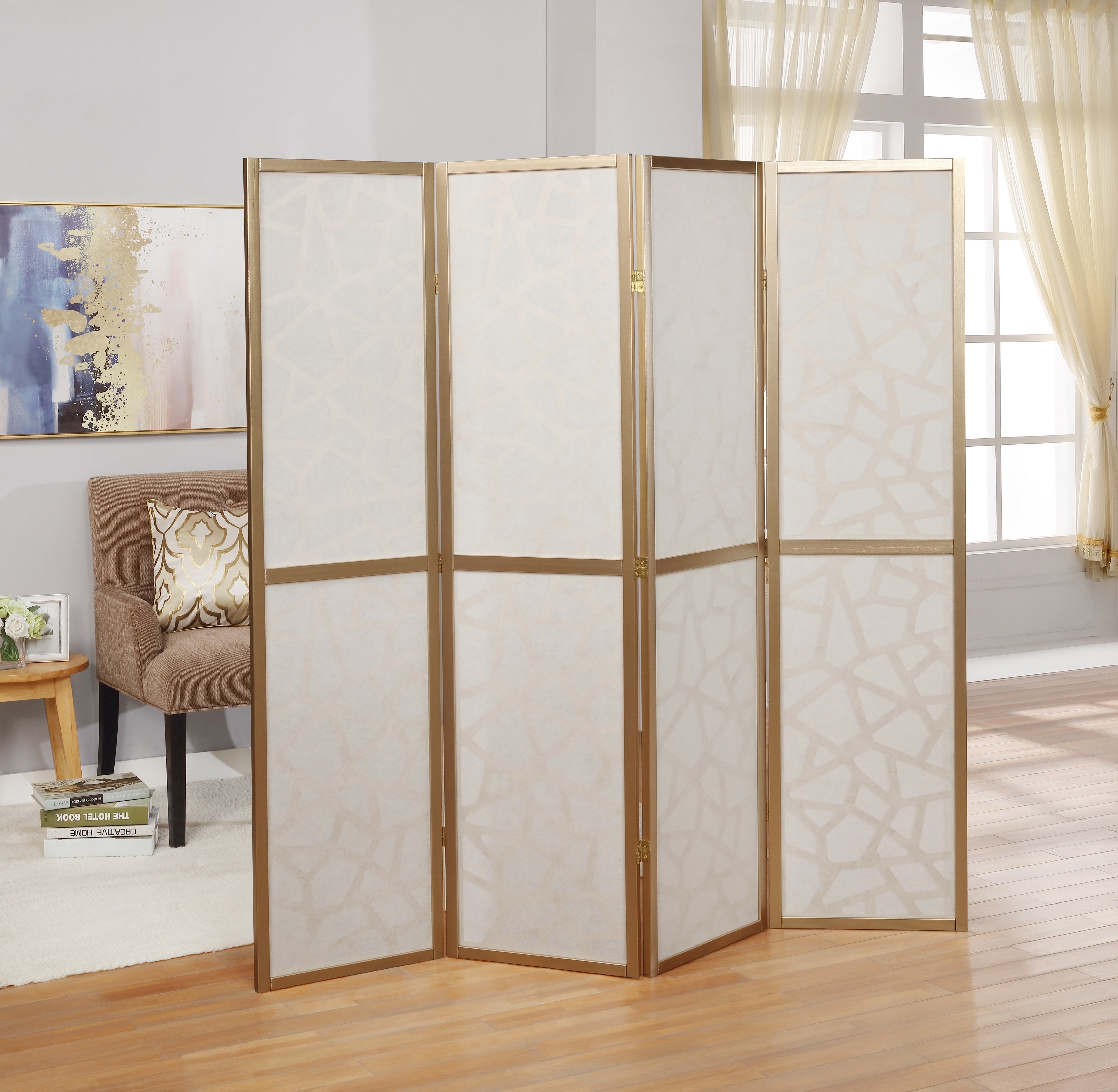 Roundhill Furniture Giyano 4-Panel Folding Room Divider - Gold Decorative Privacy Screen for Home, Office, or Event Spaces