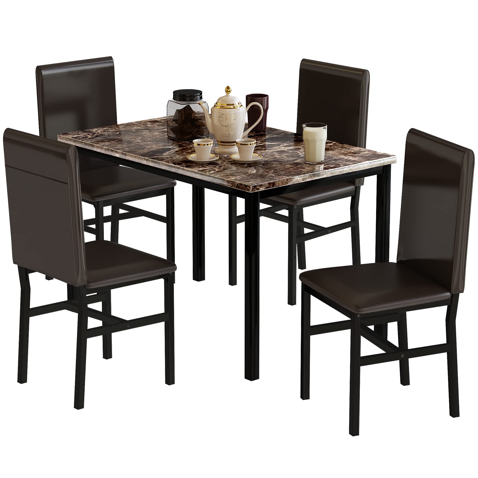 5-Piece Faux Marble Dining Set - Modern Kitchen Table with 4 Chairs for Small Spaces & Breakfast Nooks | Durable Dining Room Furniture for Family Meals & Entertaining