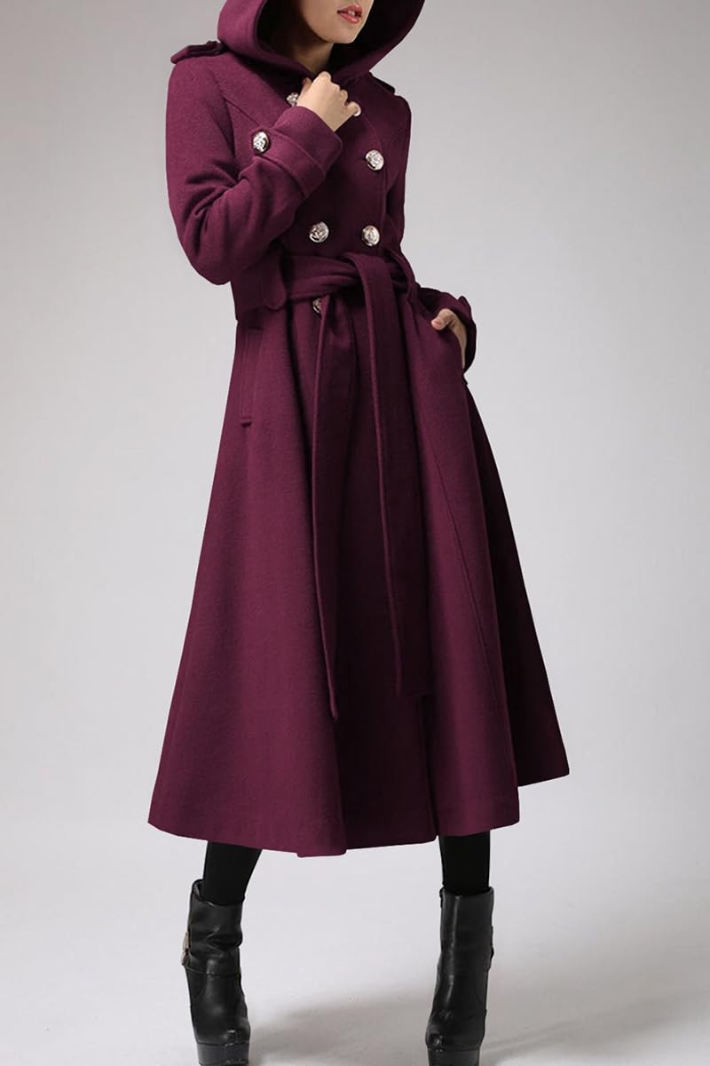 Cicy Bell Women's Long Double-Breasted Hooded Winter Wool Trench Coat with Belt - Warm Elegant Outerwear for Cold Weather & Office Commute