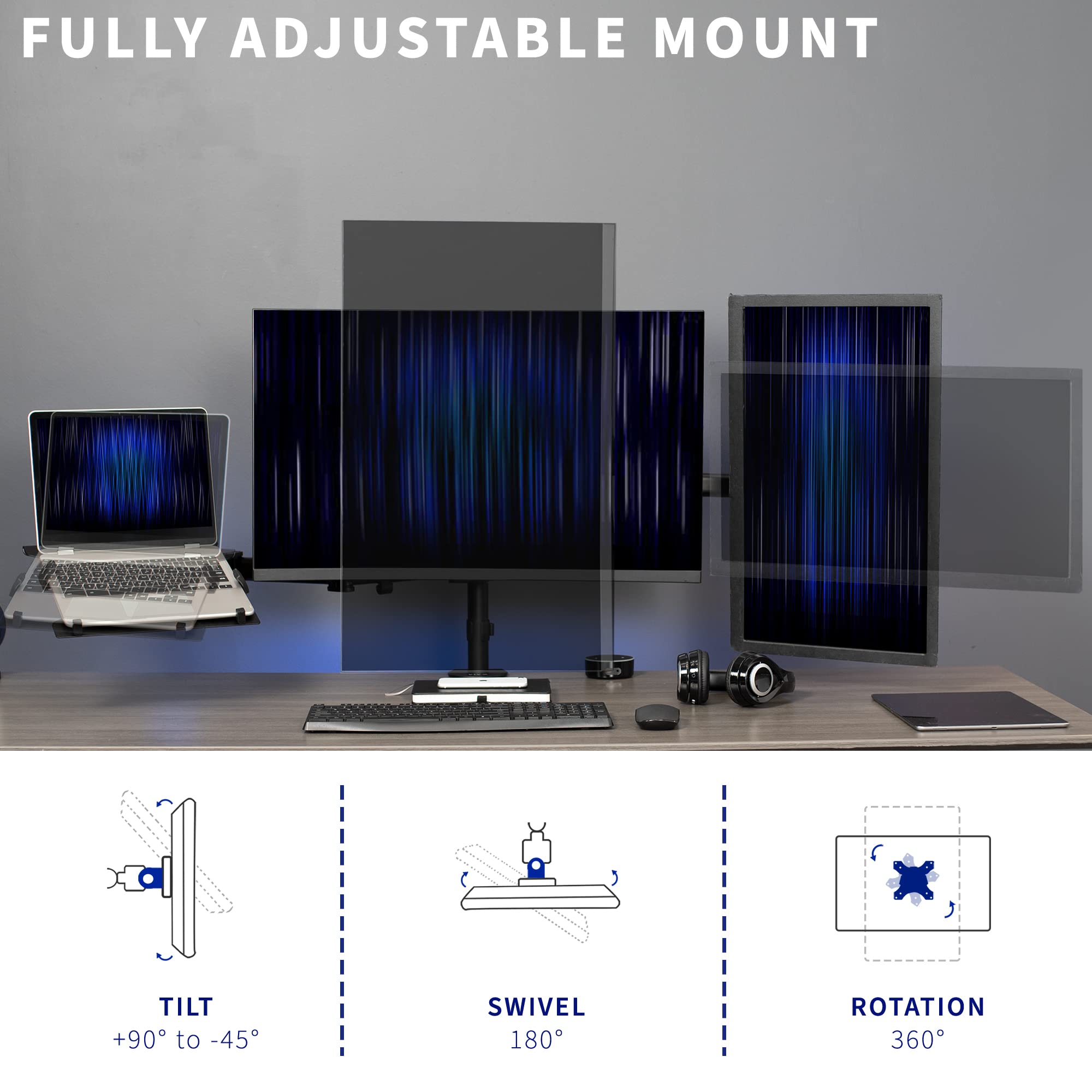 VIVO Dual Monitor and Laptop Mount Stand for 13-27 inch Screens & 10-15.6 inch Laptops | Adjustable Articulating Arms | Triple Screen Setup | Black (STAND-V013L) | Perfect for Home Office, Gaming, and Workspace Productivity