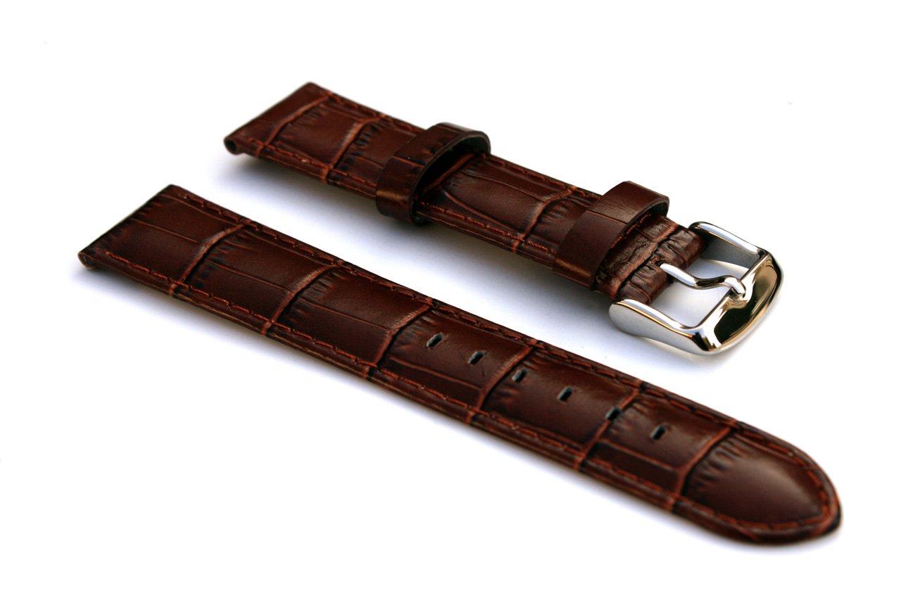 Genuine Brown Leather Crocodile Pattern Watch Band - 22mm Long Cut Stainless Steel Clasp Replacement Strap for Men's & Women's Watches | Perfect for Dress, Business & Casual Wear