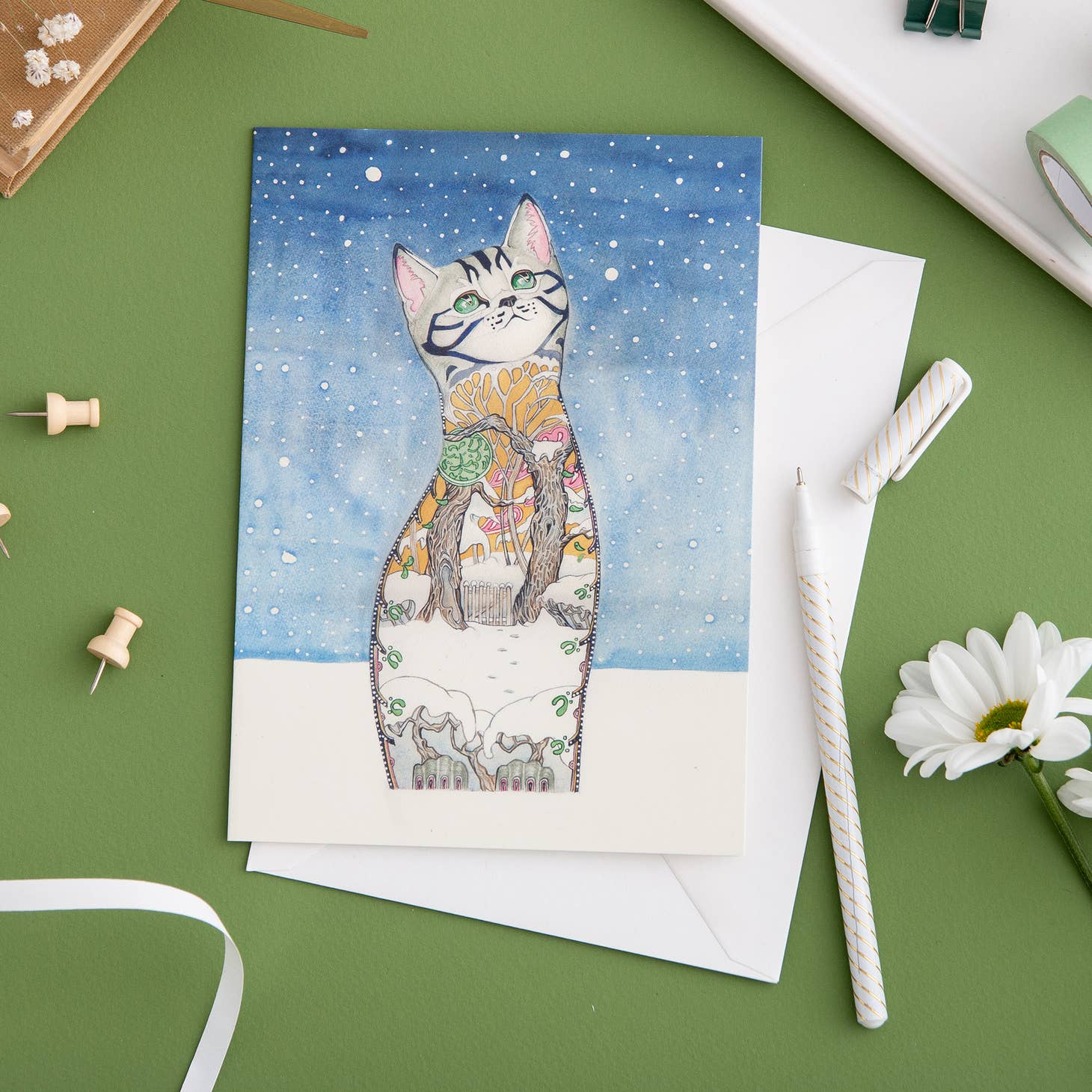 Cat in the Snow Greeting Card - Winter Holiday Christmas Cat Lover Card - Perfect for Christmas Gifts, Birthday Cards & Winter Greetings
