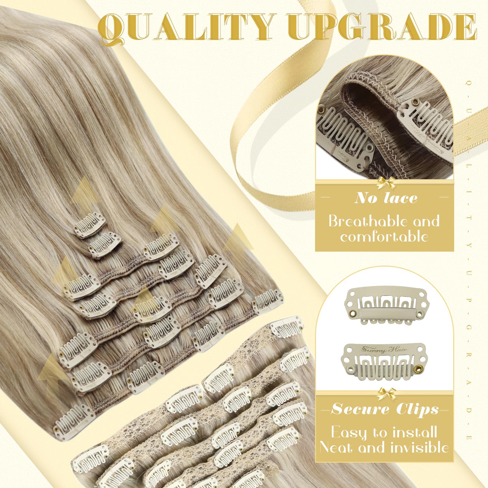 Ve Sunny Clip-in Hair Extensions - Blonde Highlights 100% Human Hair - Golden Blonde & Light Blonde Shades - 14 Inch Thick 100g Clip-ins - Perfect for Parties, Weddings & Everyday Volume Boost