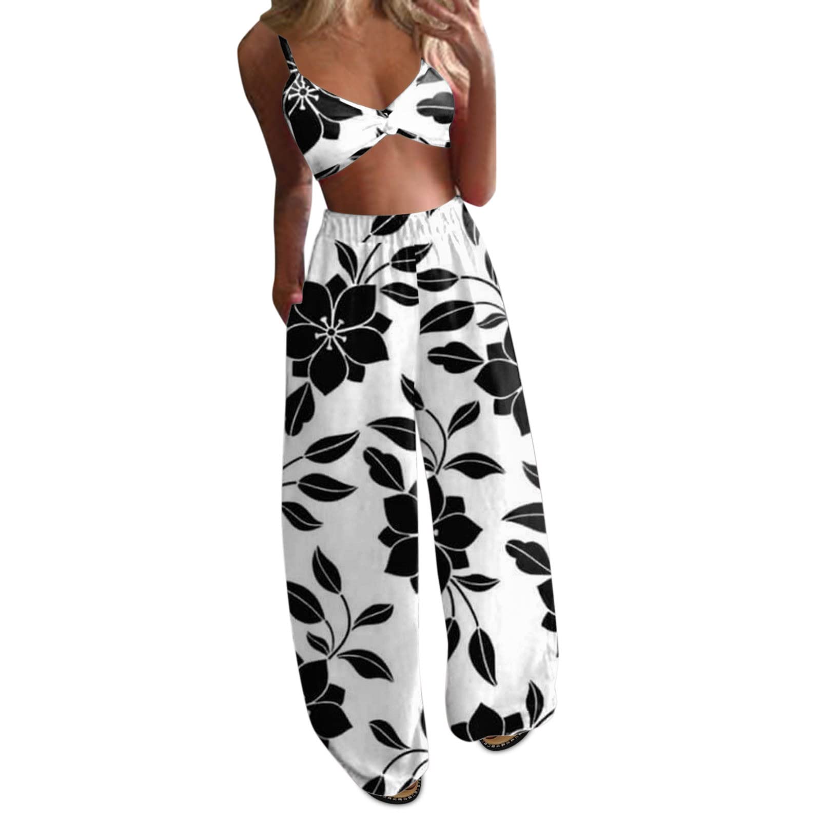 Women's Printed Boho Pant Suit Set - Loose Fit Wide Leg Pants & Crop Top 2-Piece Work Outfit for Office, Business Casual & Summer Vacations