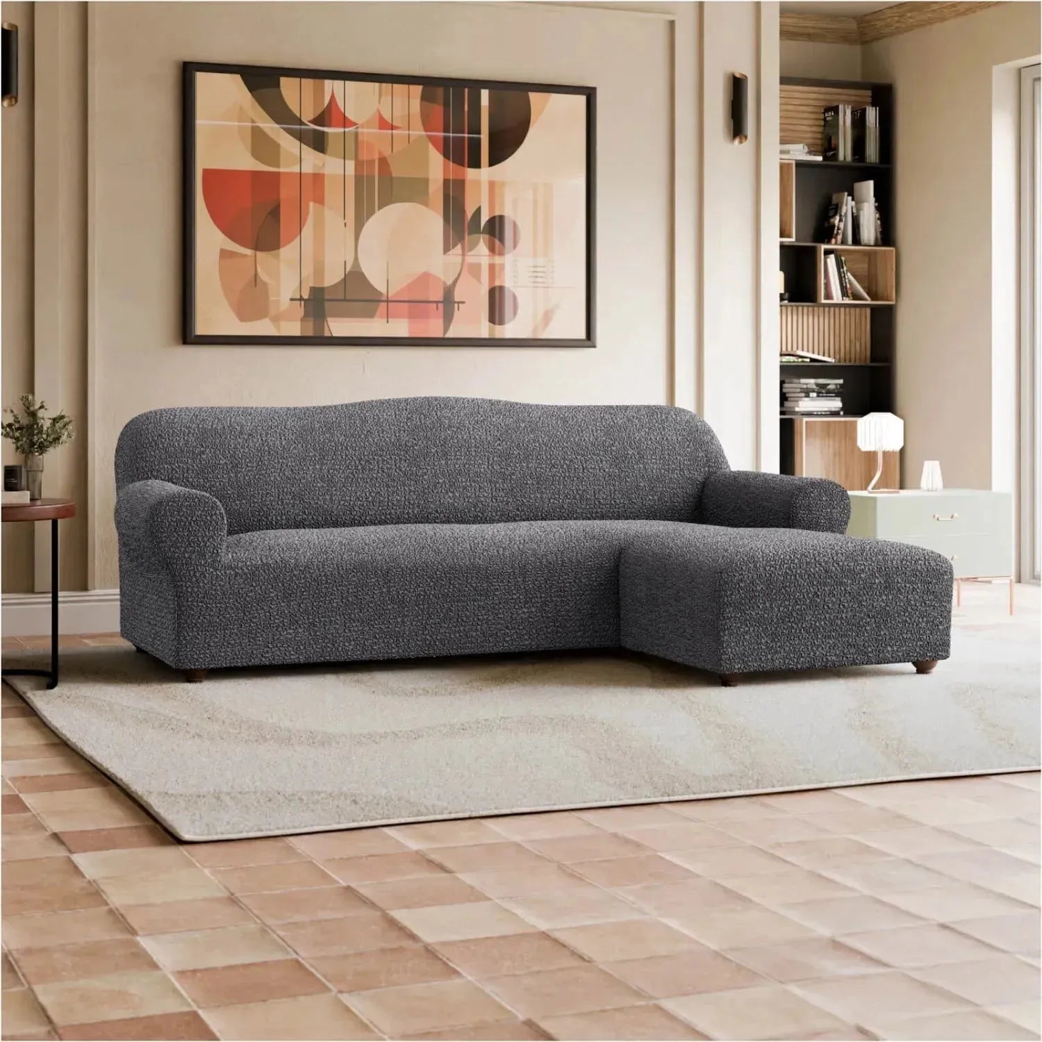 L Shaped Sofa Slipcover with Right Chaise - Mille Righe Collection Stretchable Furniture Protector for Living Room, Family Room & Home Theater