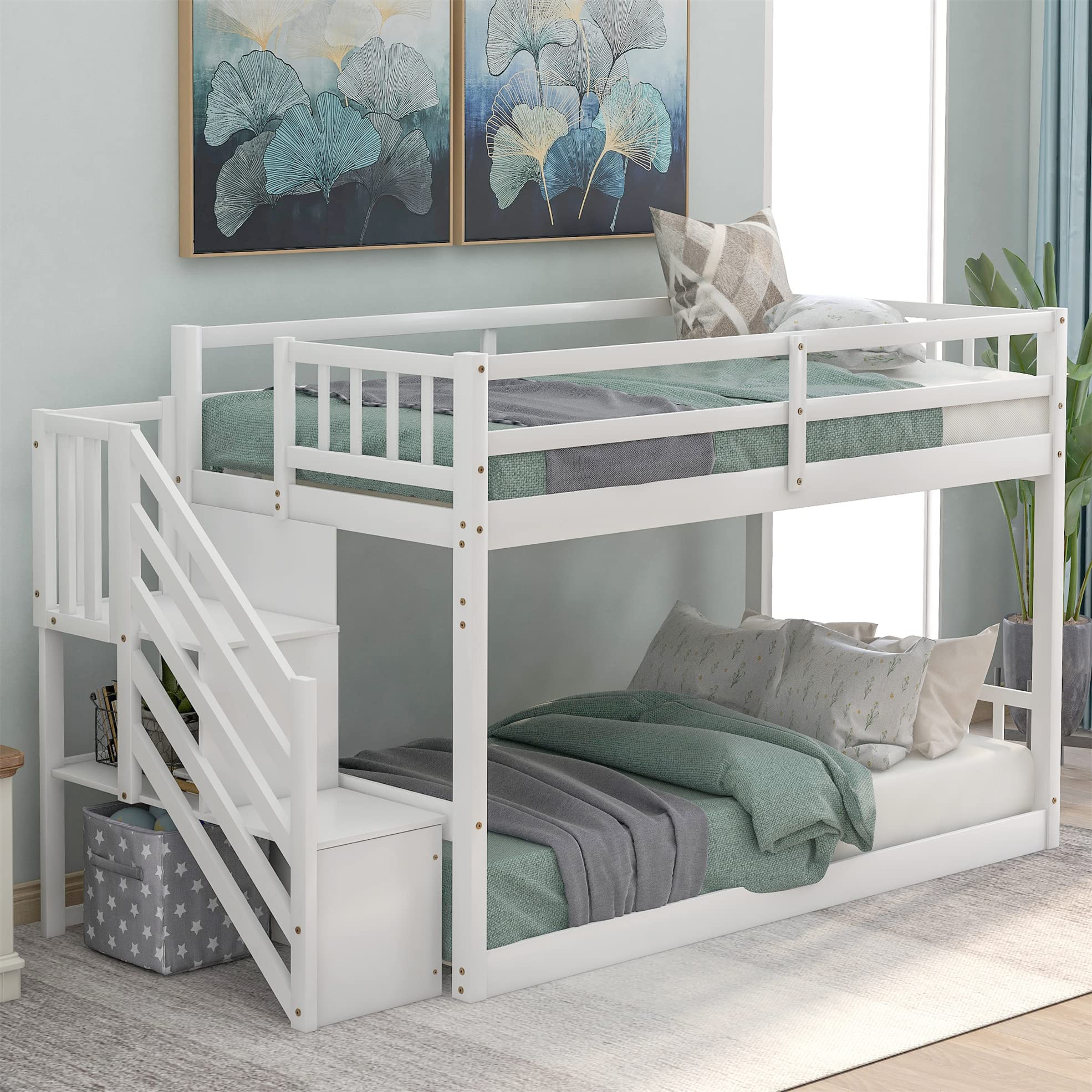 Harper & Bright Designs Twin Over Twin Kids Bunk Bed with Stairs & Storage - Low Profile Floor Bunk Bed for Toddlers, Teens & Small Spaces - No Box Spring Needed (White) - Perfect for Shared Kids Rooms, Sleepovers & Space-Saving Bedroom Solutions