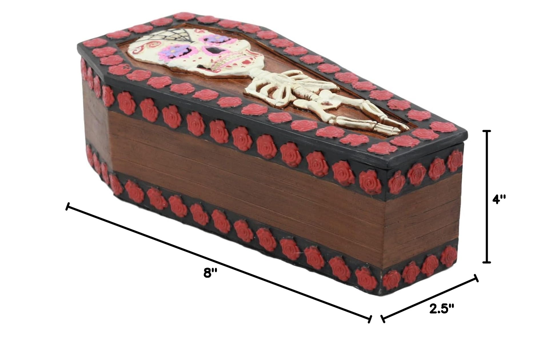 Ebros Gothic Sugar Skull Jewelry Box with Red Roses - Day of The Dead Decor, Skeleton Coffin Trinket Box for Secret Stash - Perfect for Halloween, Gothic Home Decor & Vampire Themed Collections