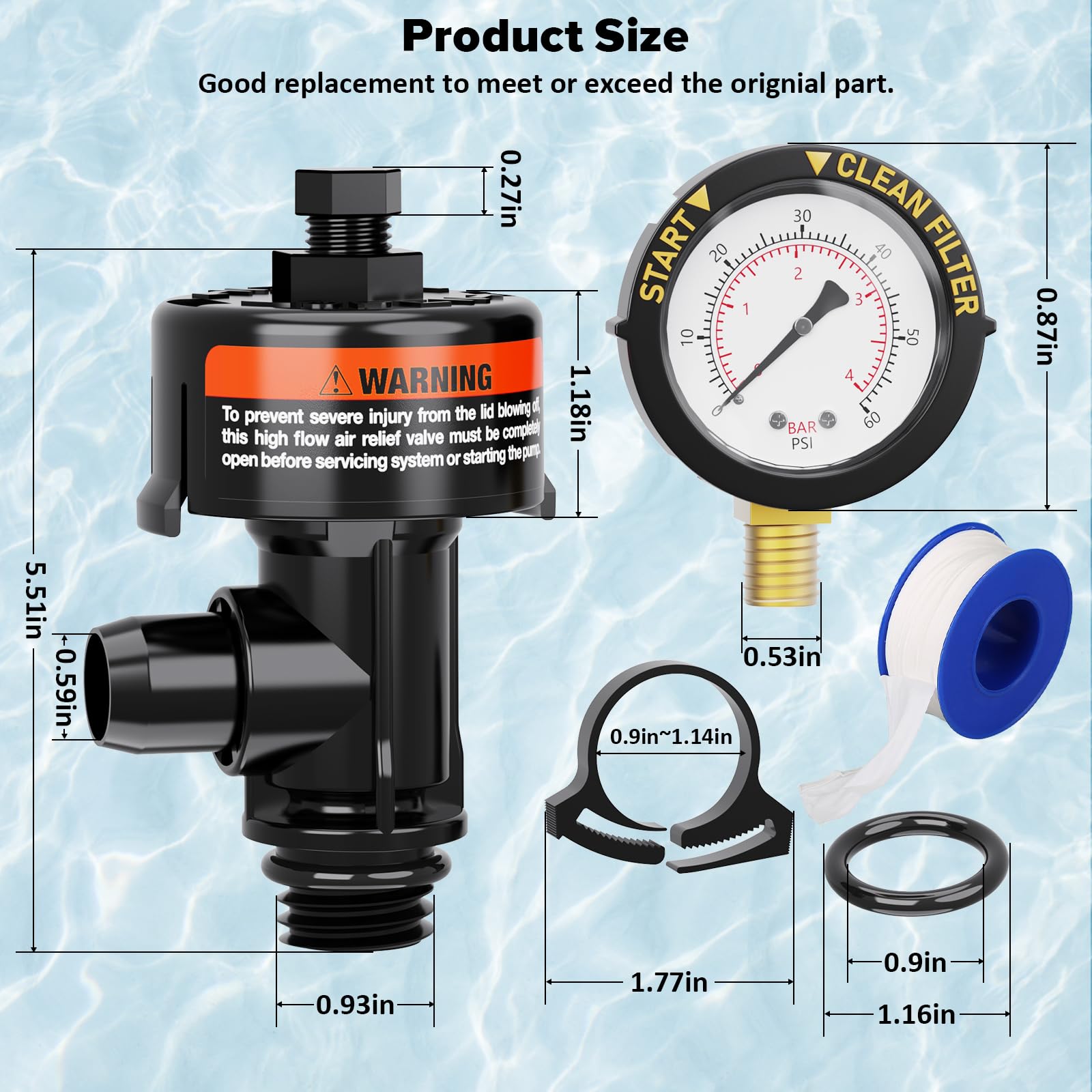 Pool Filter Air Relief Valve with Pressure Gauge - Manual Air Release Valve for Swimming Pool and Spa Filters - Replacement Kit Includes Gauge Plug, O-Rings & Clips - Perfect for Hayward, Pentair & Other Pool Filter Systems - Easy Maintenance & Water Pressure Regulation