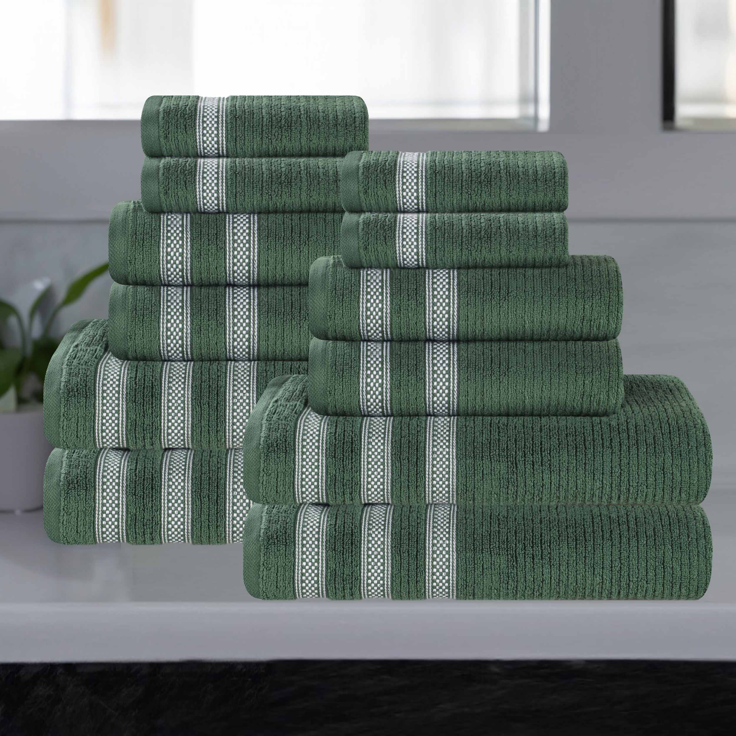 12-Piece Zero Twist Cotton Ribbed Geometric Border Plush Towel Set | Ultra Soft & Absorbent Bath, Beach & Gym Towels for Home & Travel