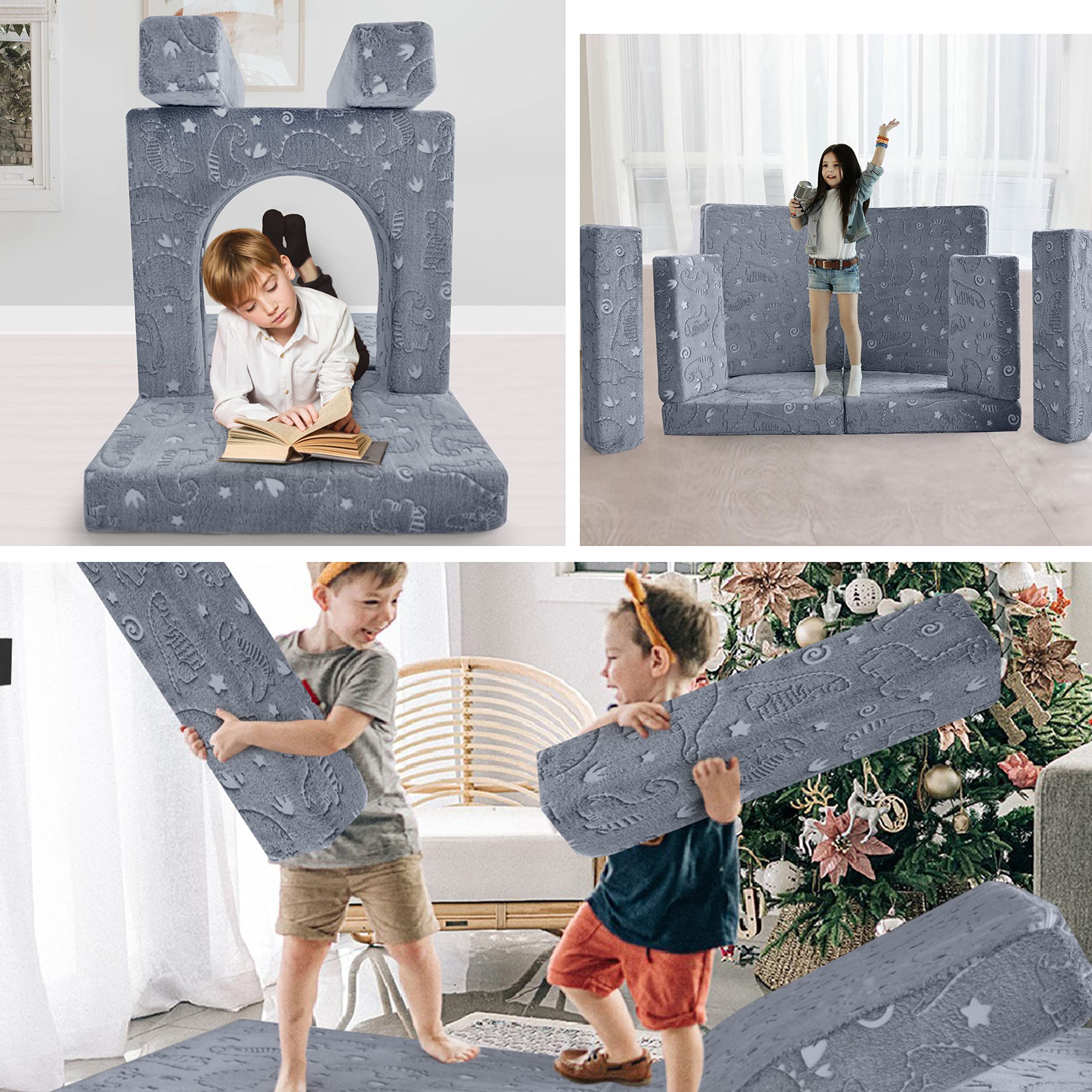 MeMoreCool 10-Piece Modular Kids Play Couch Set - Soft Foldable Sofa for Boys & Girls, Glow-in-The-Dark Dinosaur Design - Perfect for Playroom, Bedroom & Indoor Playtime Activities