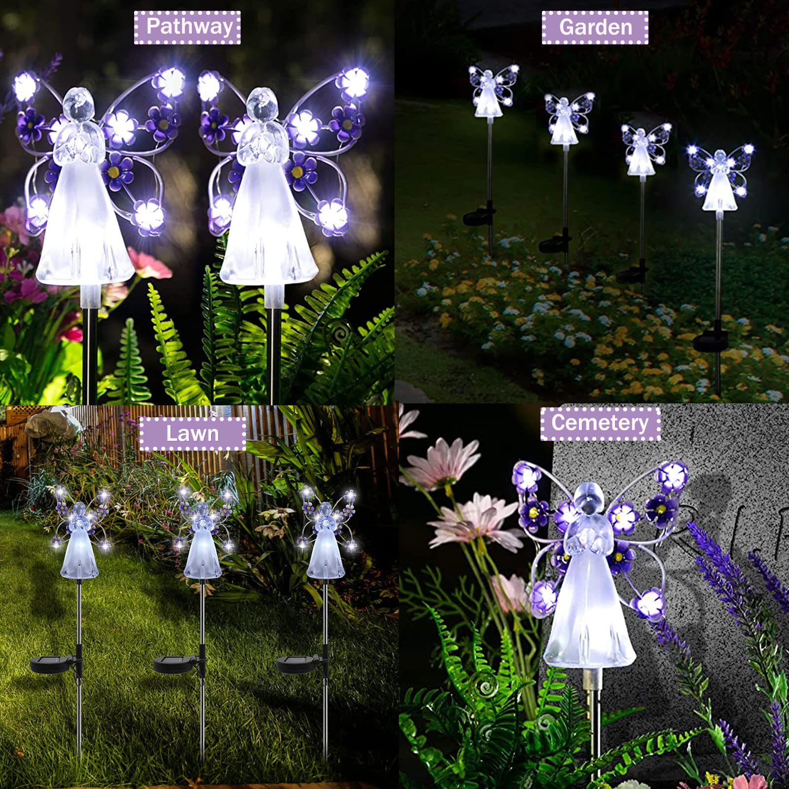 Solar Powered LED Angel Garden Lights - Waterproof Outdoor Solar Stake Lights for Pathway, Patio, Yard, Lawn, Grave & Cemetery Decor - Memorial Sympathy Gift (Purple) | Perfect for Landscape Lighting, Nighttime Safety & Decorative Ambiance