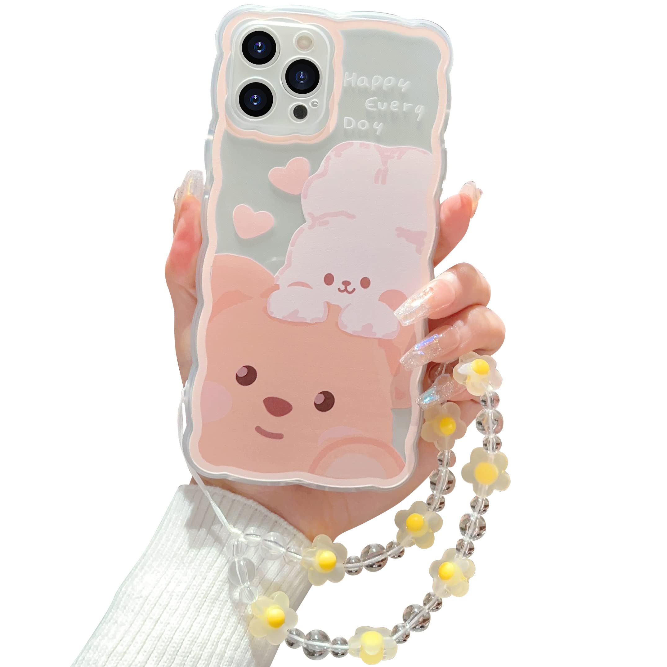 Cute Cartoon Little Bear Rabbit iPhone 12 Pro Max Case - Soft TPU Transparent Phone Cover with Aesthetic Kawaii Chain Design for Women & Girls | Perfect for Daily Use, School, Work & Travel