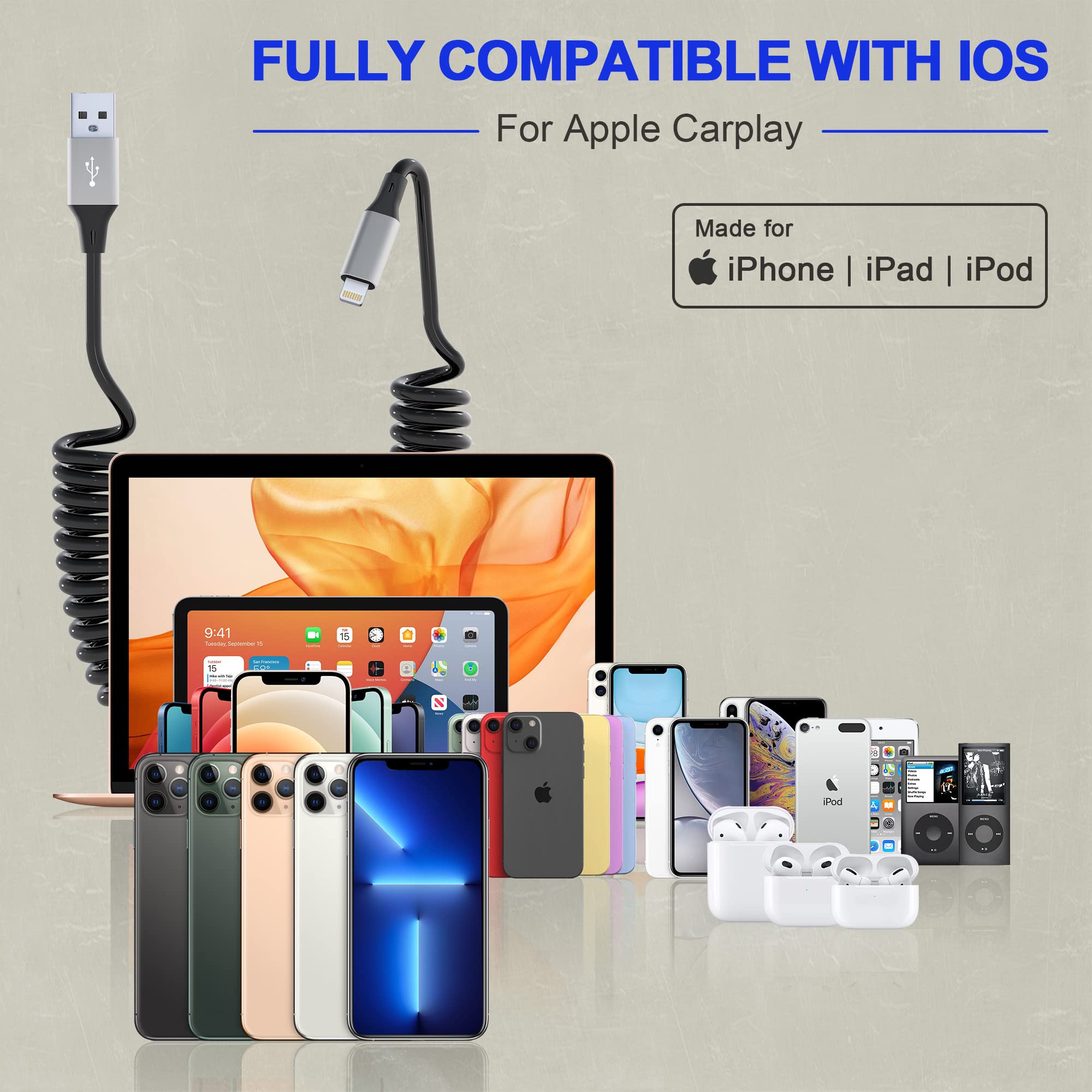 Apple MFi Certified Coiled Lightning Cable - USB to Lightning Charger Cord with Data Sync, Retractable iPhone Charger for iPhone/iPad/iPod (Compatible with Apple CarPlay) - Perfect for Car Charging, Home & Office Use
