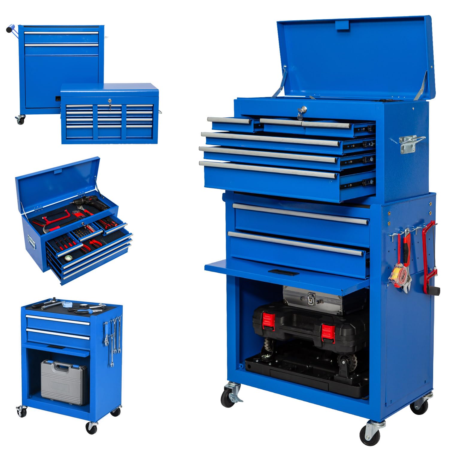 8-Drawer Heavy Duty Rolling Tool Chest with Removable Cabinet & Lock - High Capacity Mobile Tool Storage for Mechanics, Garage Workshop & Tool Room - Perfect for Automotive Repair, DIY Projects & Professional Tool Organization (Blue)