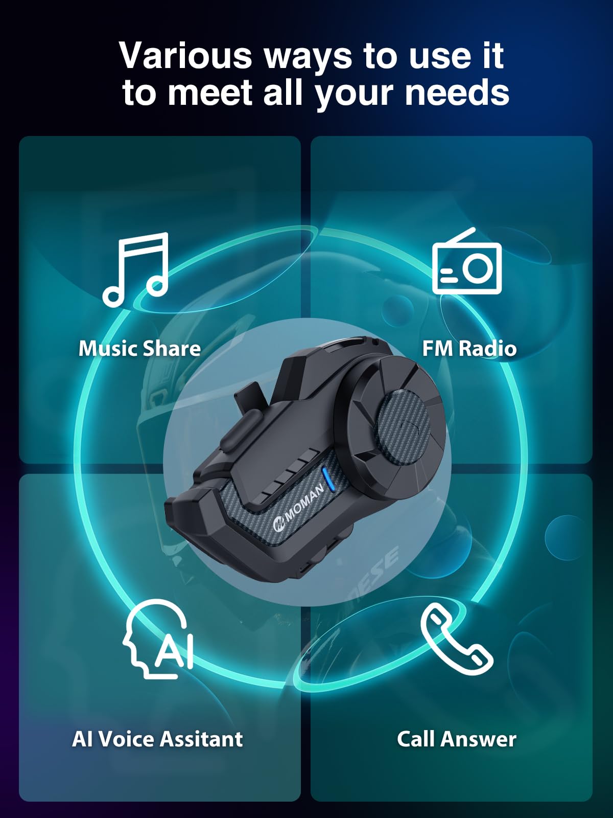 Moman H2 Pro Motorcycle Bluetooth Intercom - Wireless 5.1 Helmet Communication System with DSP & CVC Noise Cancellation, AI Assistant & Music Sharing (Carbon Fiber, 1 Pack) - Perfect for Group Riding, Touring & Hands-Free Calls