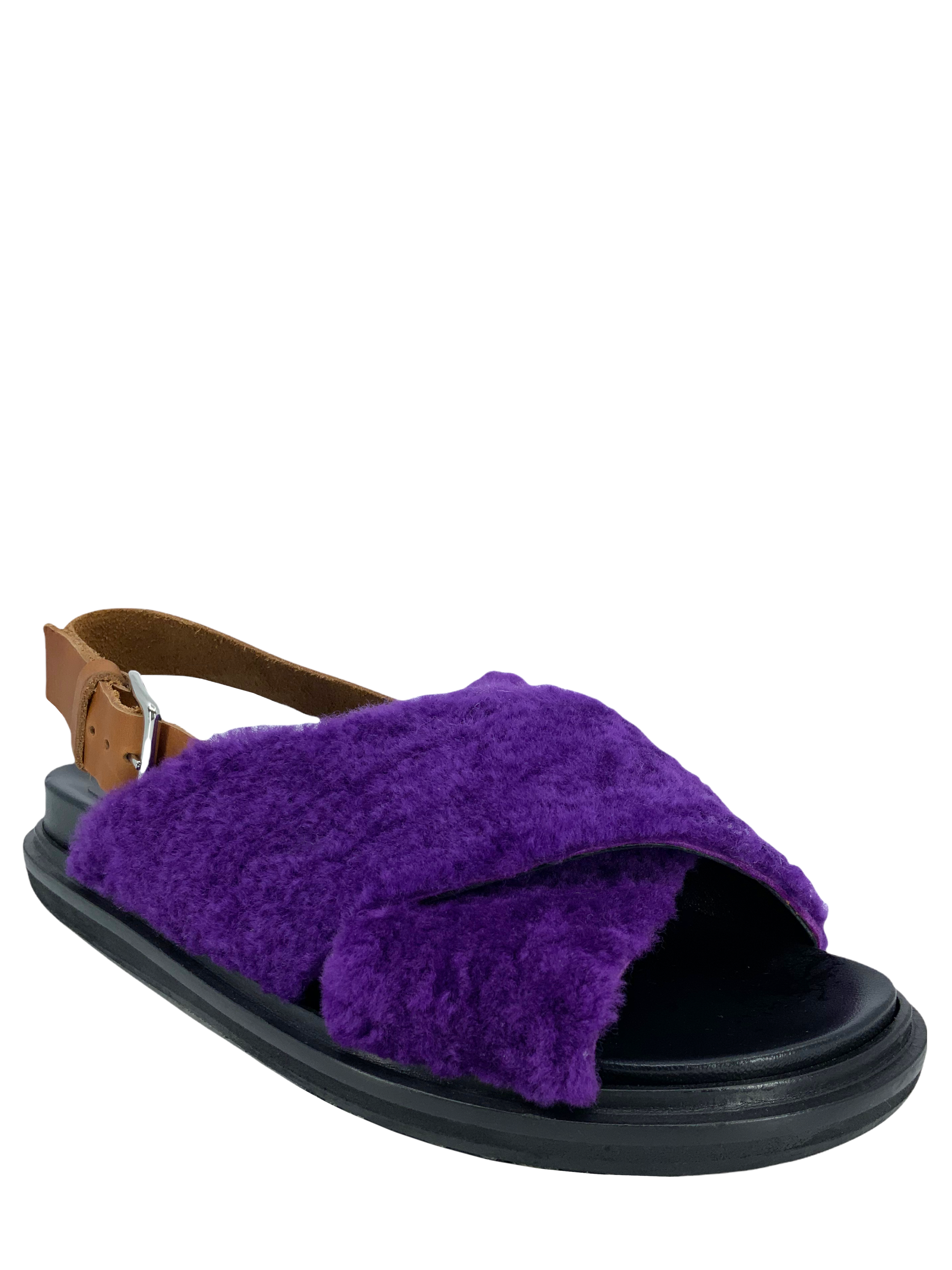 MARNI Shearling Trimmed Leather Sandals Women's Size 8 - Comfortable Luxury Slide Sandals for Casual Outings & Summer Vacations