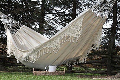 Vivere Double Deluxe Cotton Brazilian Hammock with Fringe - 450 lb Capacity - Perfect for Backyard, Patio, Beach & Camping Relaxation